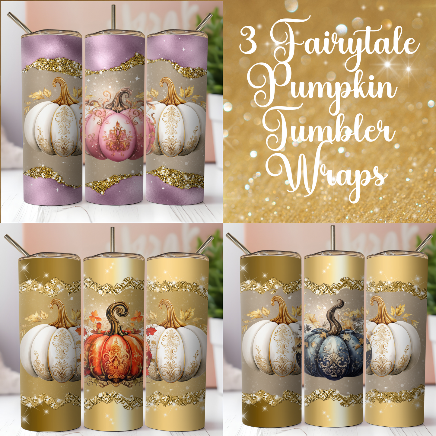 3 Majical Glitter Pumpkins. Fall, Autumn Sublimation Tumbler Wraps. Seamless Instant Downlaods
