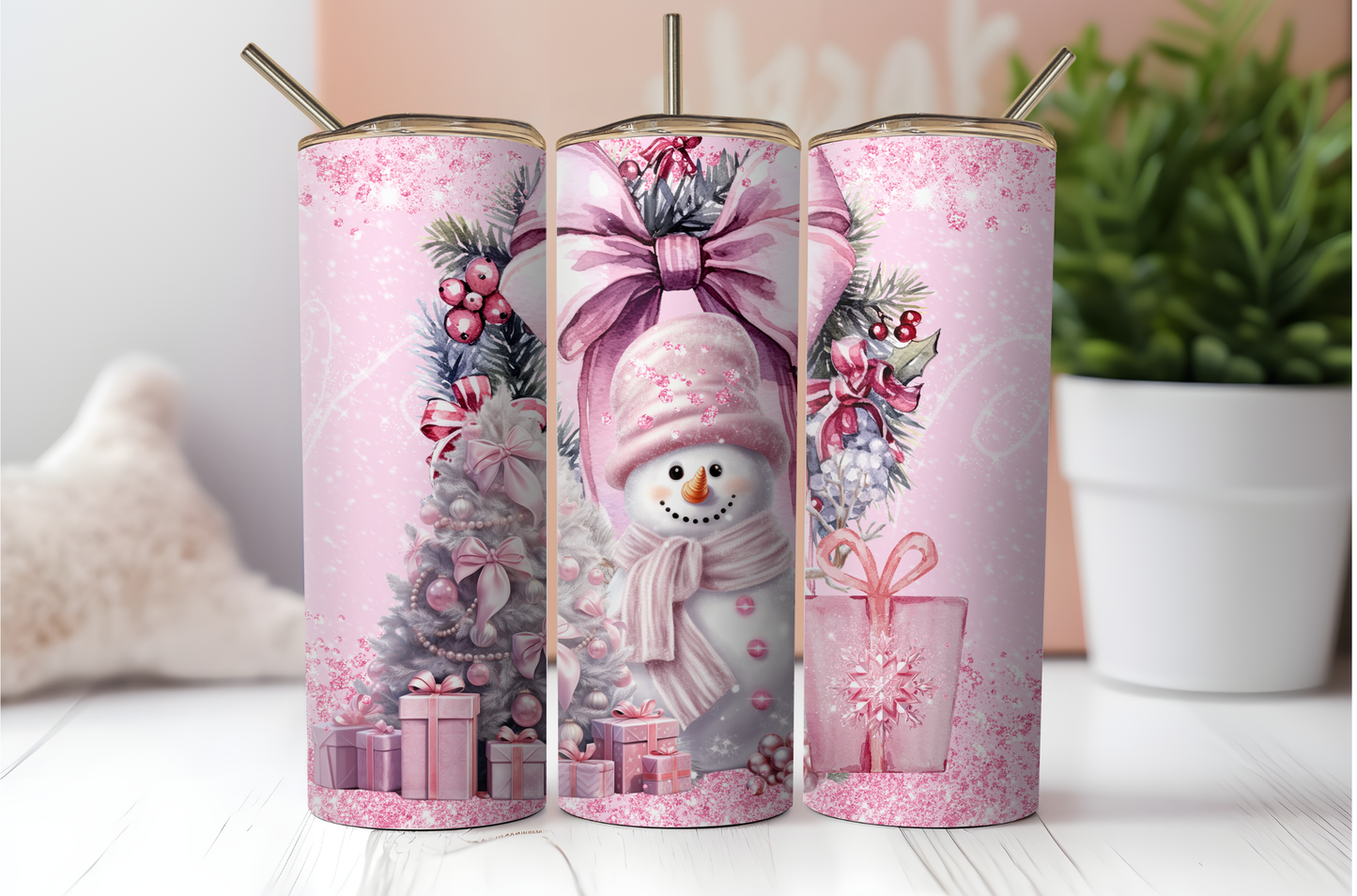 Pink Christmas Sublimaion Tumbler Wrap. Snowman and Christmas Tree Holiday Instant Download