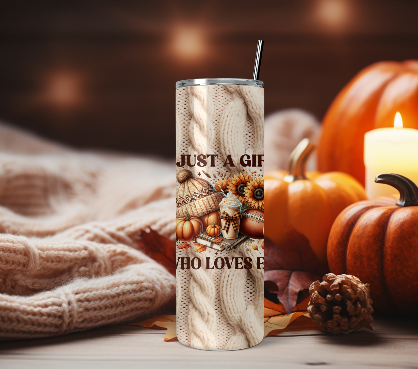 2 Cable Knit Texture Sublimation Tumbler Wrap With Quote, Just a Girl Who Loves Fall, And Plain.Atumn