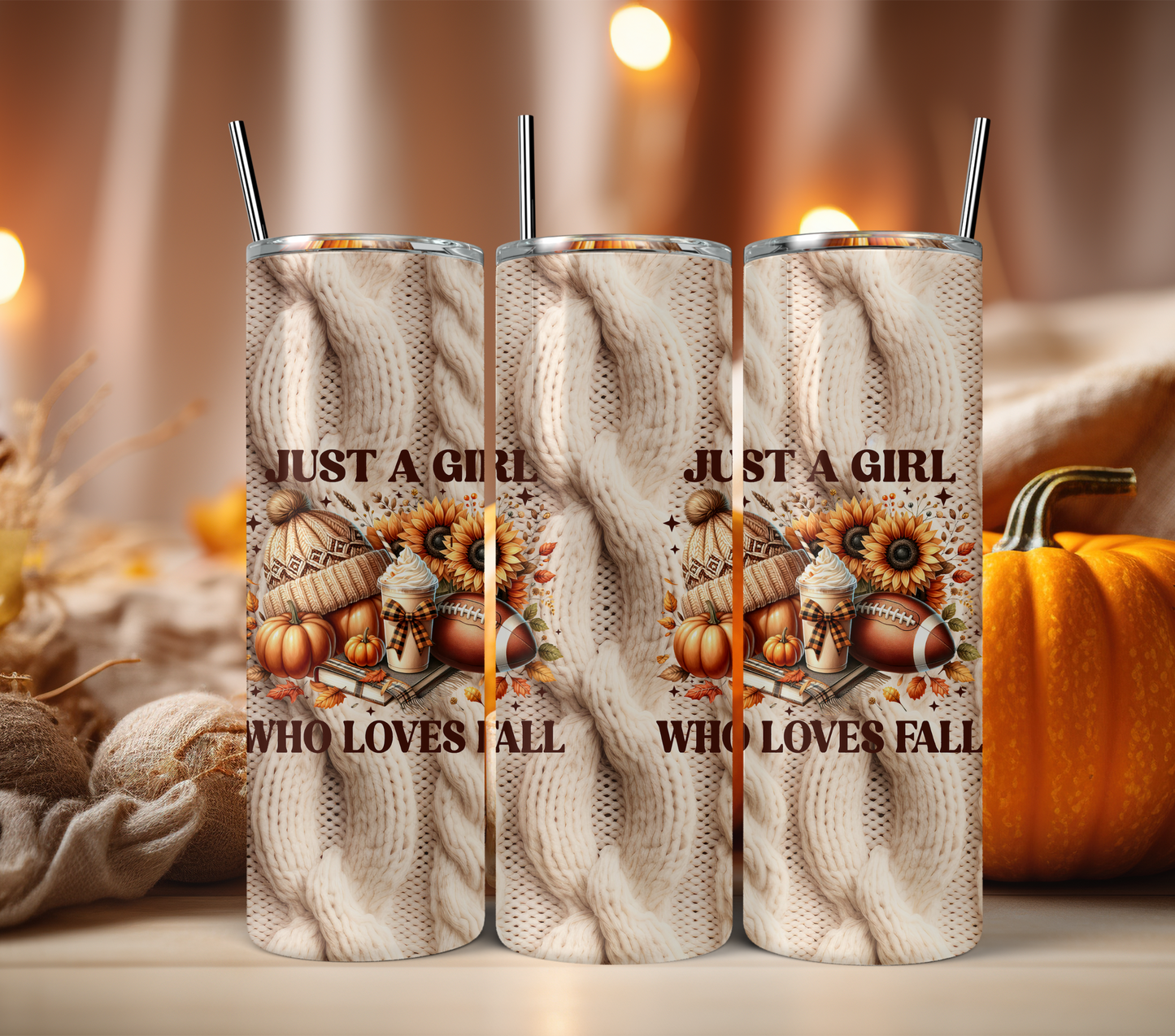 2 Cable Knit Texture Sublimation Tumbler Wrap With Quote, Just a Girl Who Loves Fall, And Plain.Atumn
