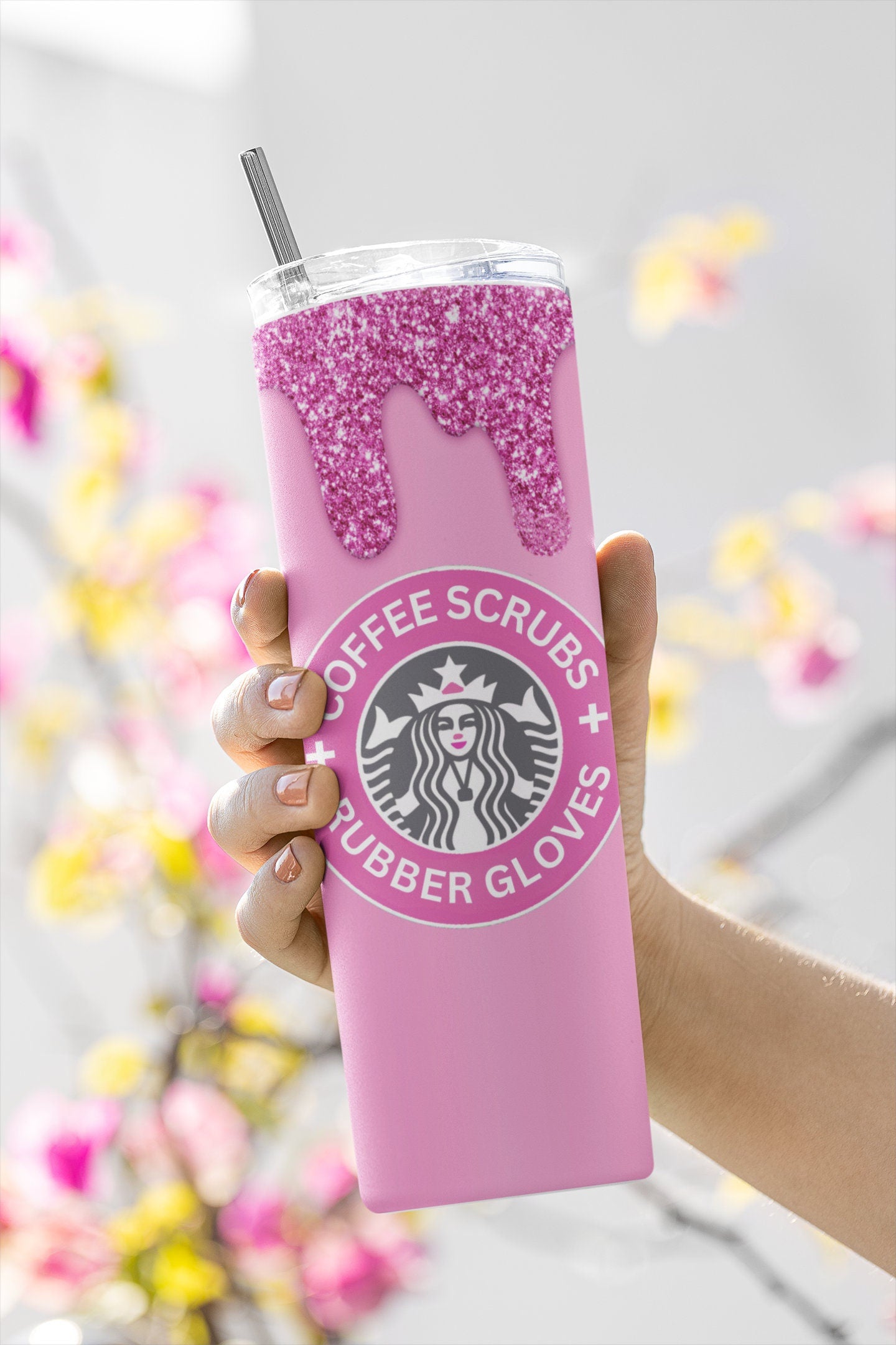 Nurse/Doctor Tumbler Sublimation Digital Design. Medical Feild Coffee Scrubs and Rubber Gloves. Pink With Glitter Drip