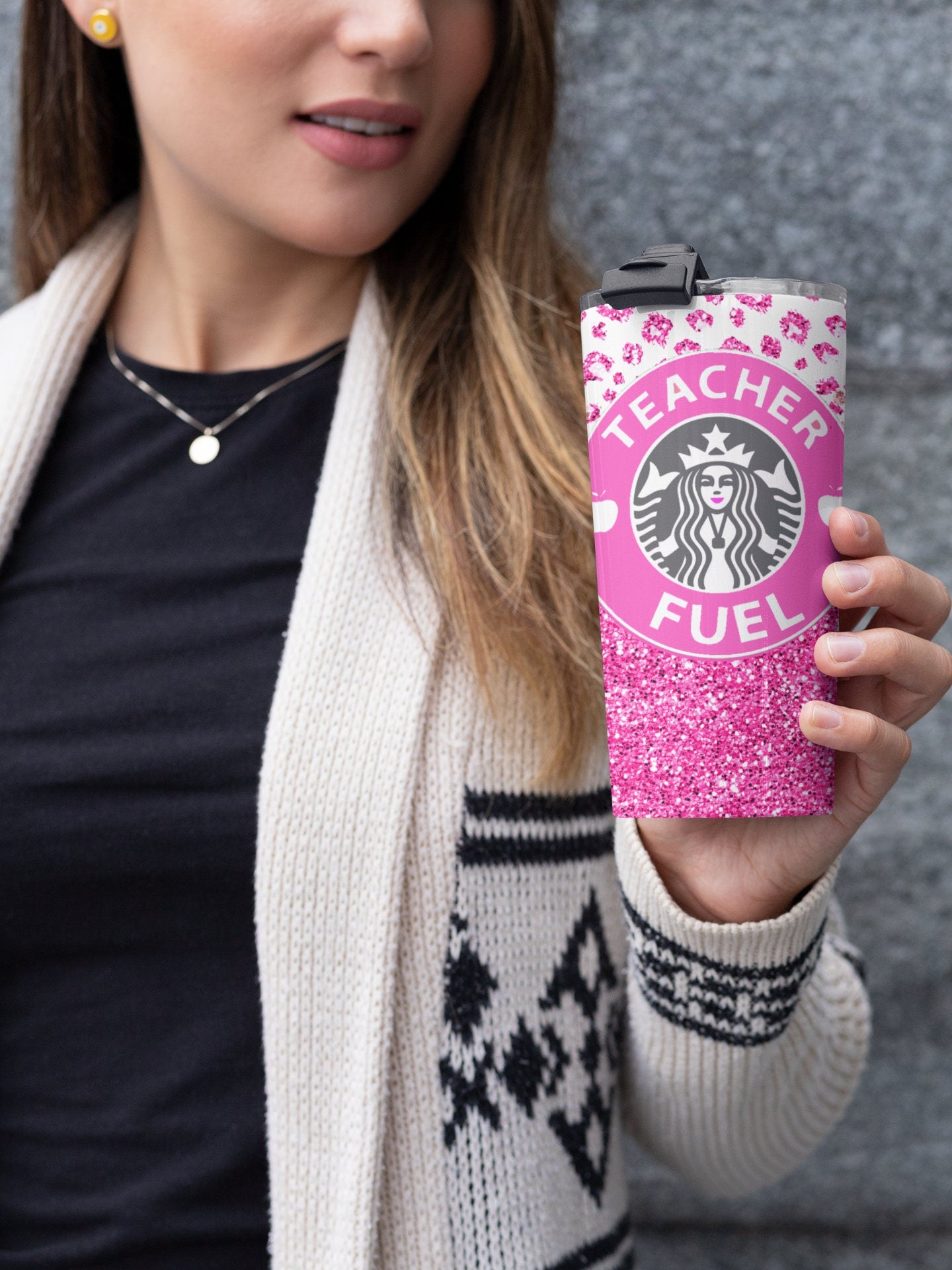 Teacher Star Tumbler. Iconic Coffee Inspired Sublimation Digital Design Wrap. Teacher Fuel. Pink Glitter, Bling With Cheetah Design