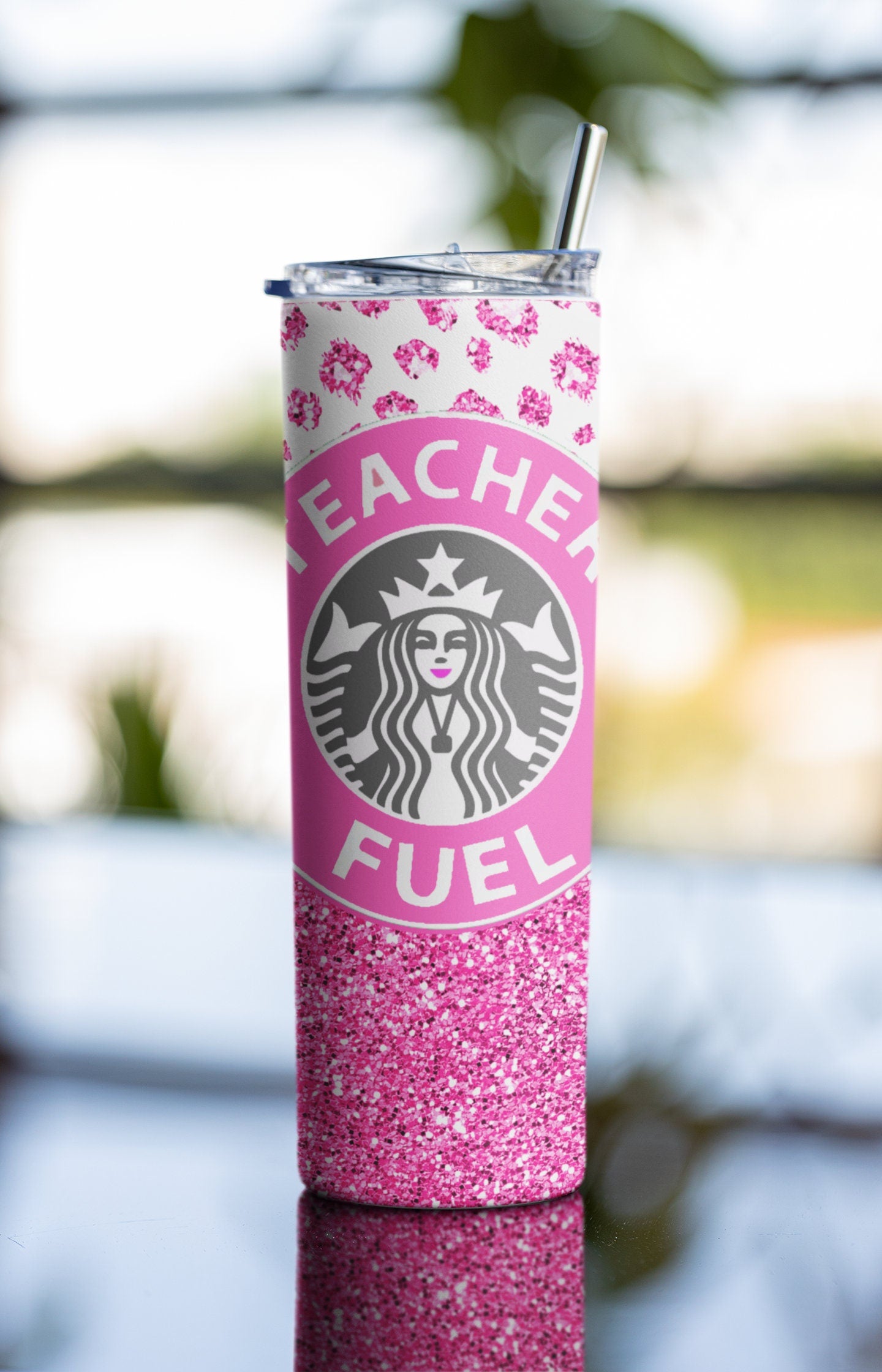 Teacher Star Tumbler. Iconic Coffee Inspired Sublimation Digital Design Wrap. Teacher Fuel. Pink Glitter, Bling With Cheetah Design