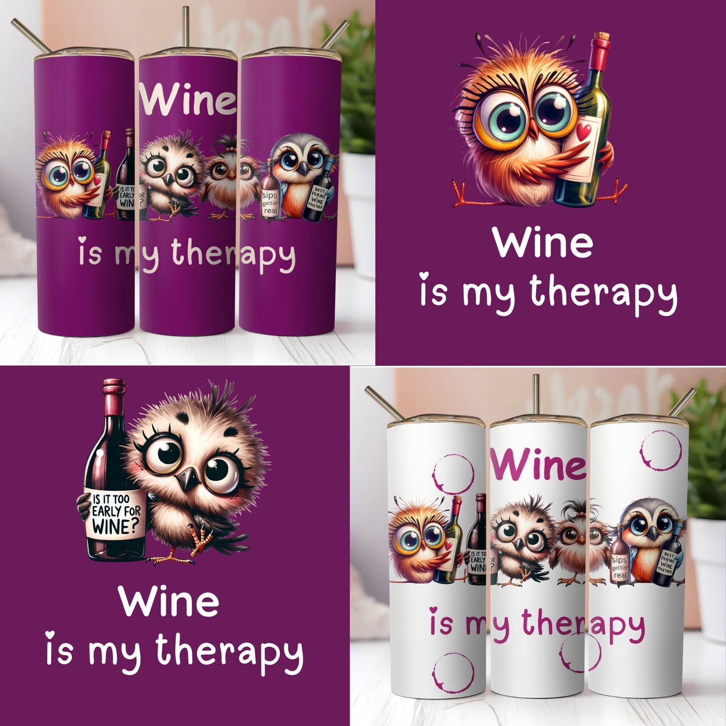 Crazy Cute Birds and Wine, Alcohol. Funny Wine Quotes. Wine Is My Therapy. 2 Seamless Sublimation Wrap Digital Files