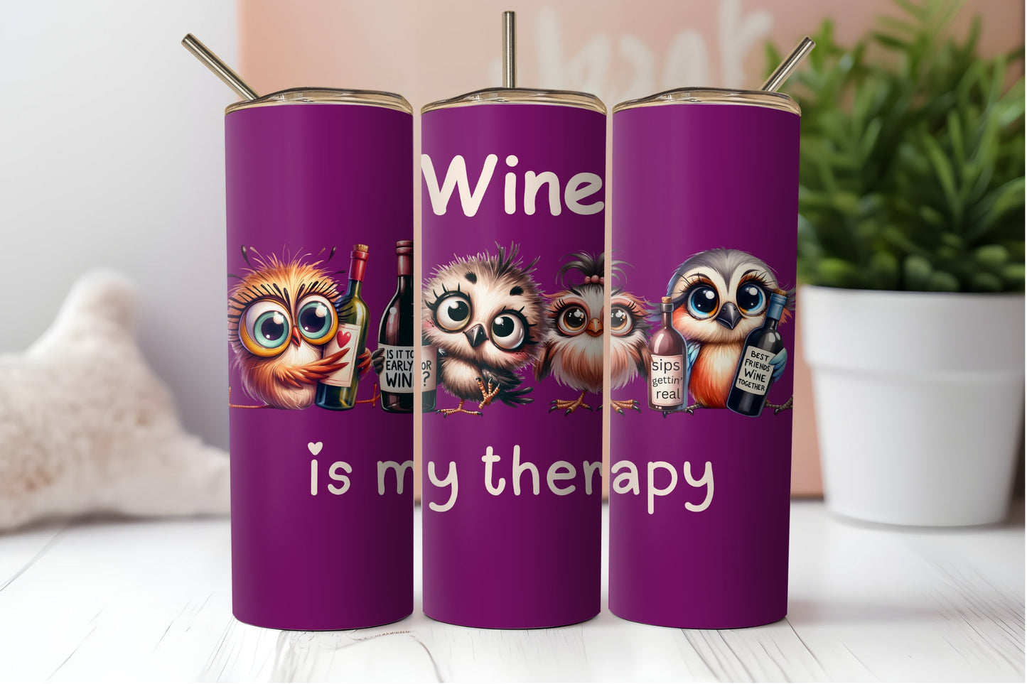 Crazy Cute Birds and Wine, Alcohol. Funny Wine Quotes. Wine Is My Therapy. 2 Seamless Sublimation Wrap Digital Files