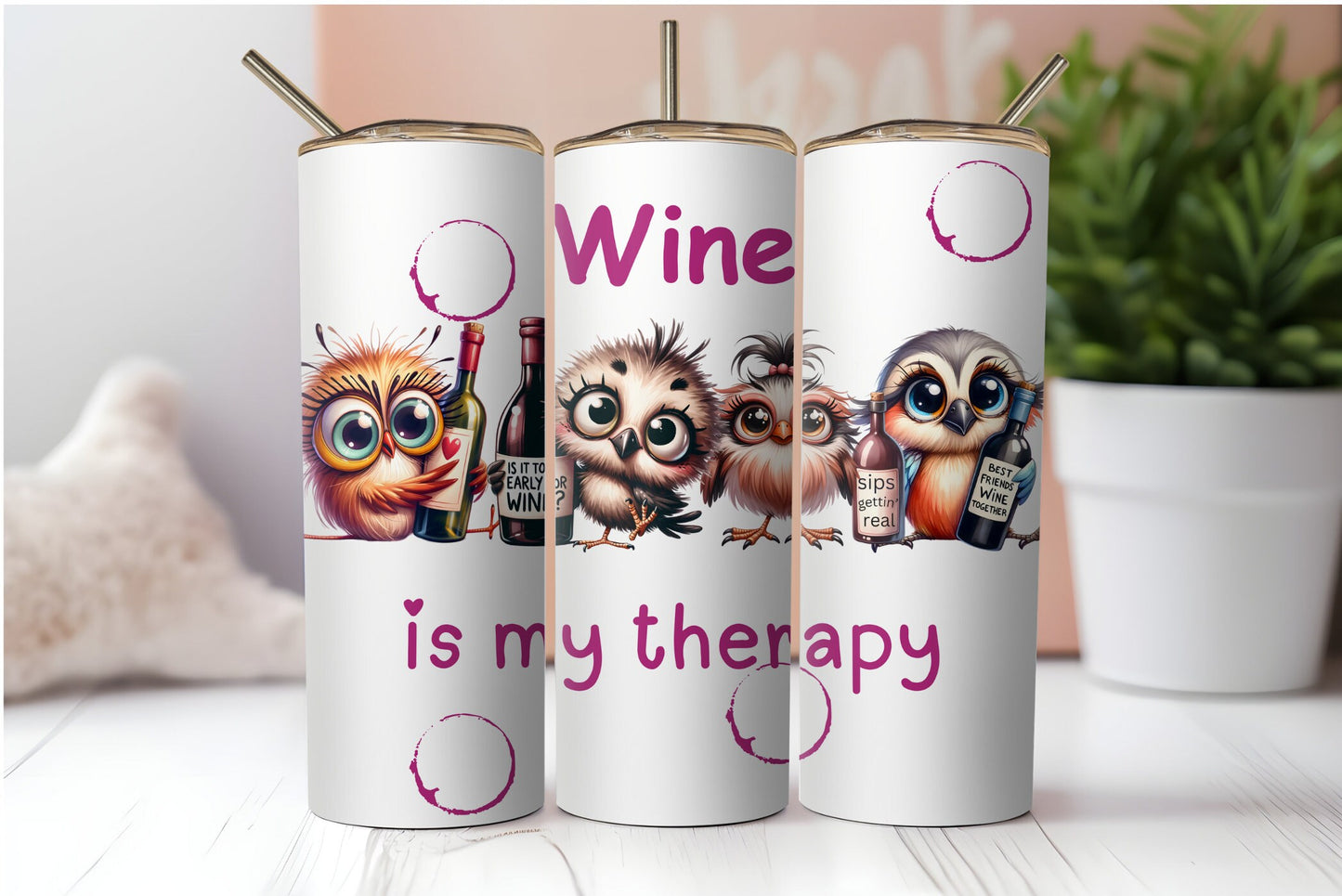 Crazy Cute Birds and Wine, Alcohol. Funny Wine Quotes. Wine Is My Therapy. 2 Seamless Sublimation Wrap Digital Files