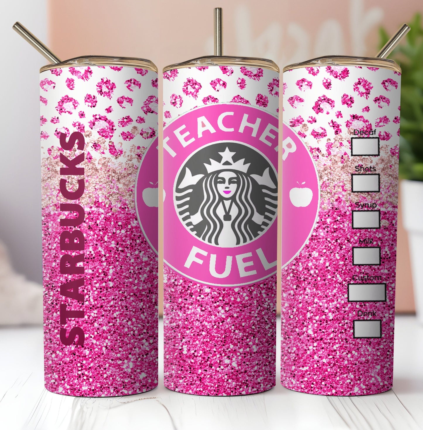 Teacher Star Tumbler. Iconic Coffee Inspired Sublimation Digital Design Wrap. Teacher Fuel. Pink Glitter, Bling With Cheetah Design