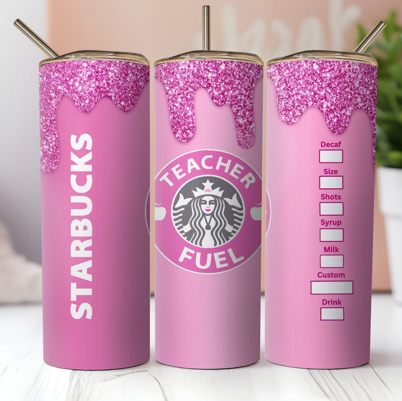 Teacher Star Tumbler. Iconic Coffee Inspired Sublimation Digital Design Wrap. Teacher Fuel. Pink With Glitter Drip