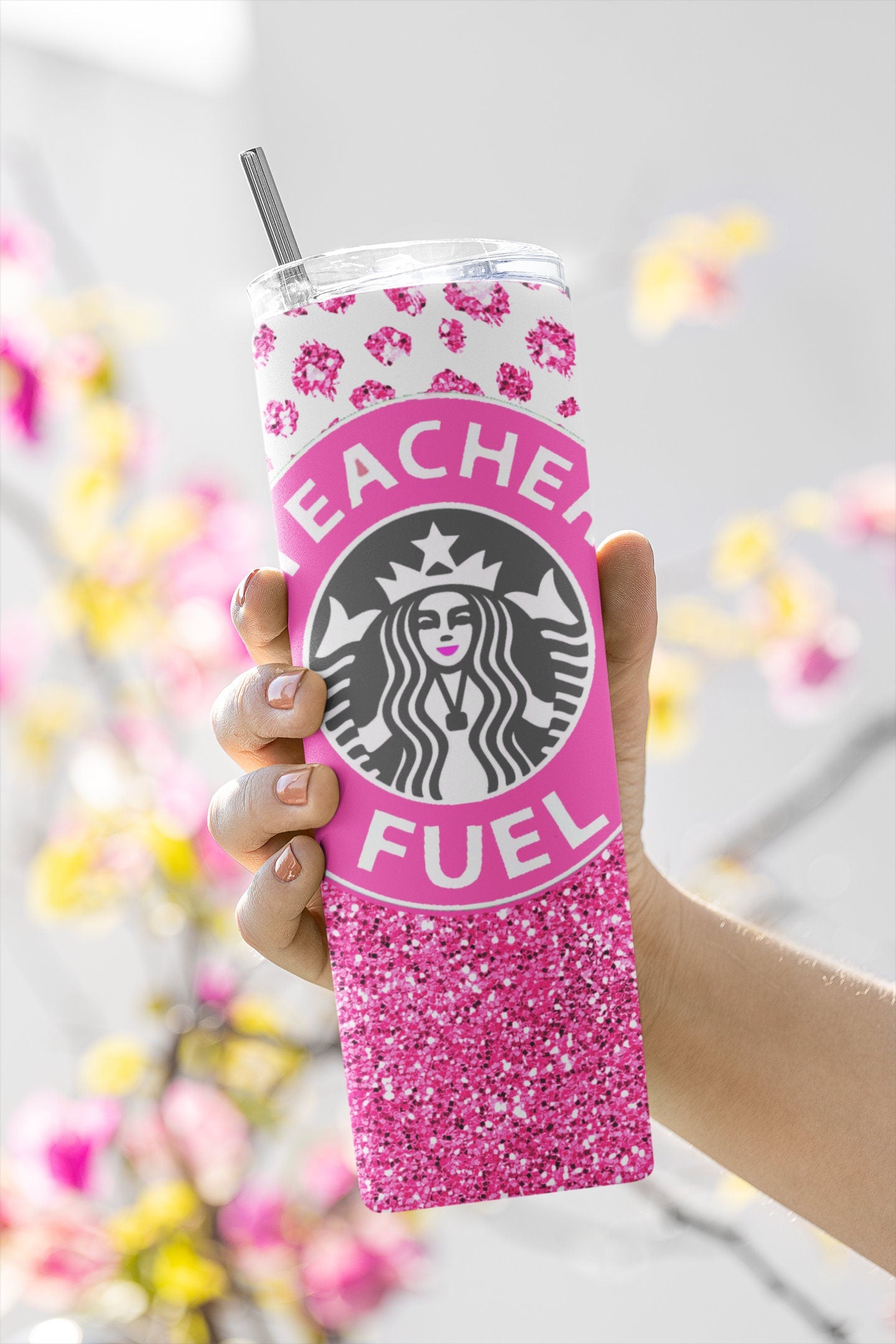 Teacher Star Tumbler. Iconic Coffee Inspired Sublimation Digital Design Wrap. Teacher Fuel. Pink Glitter, Bling With Cheetah Design