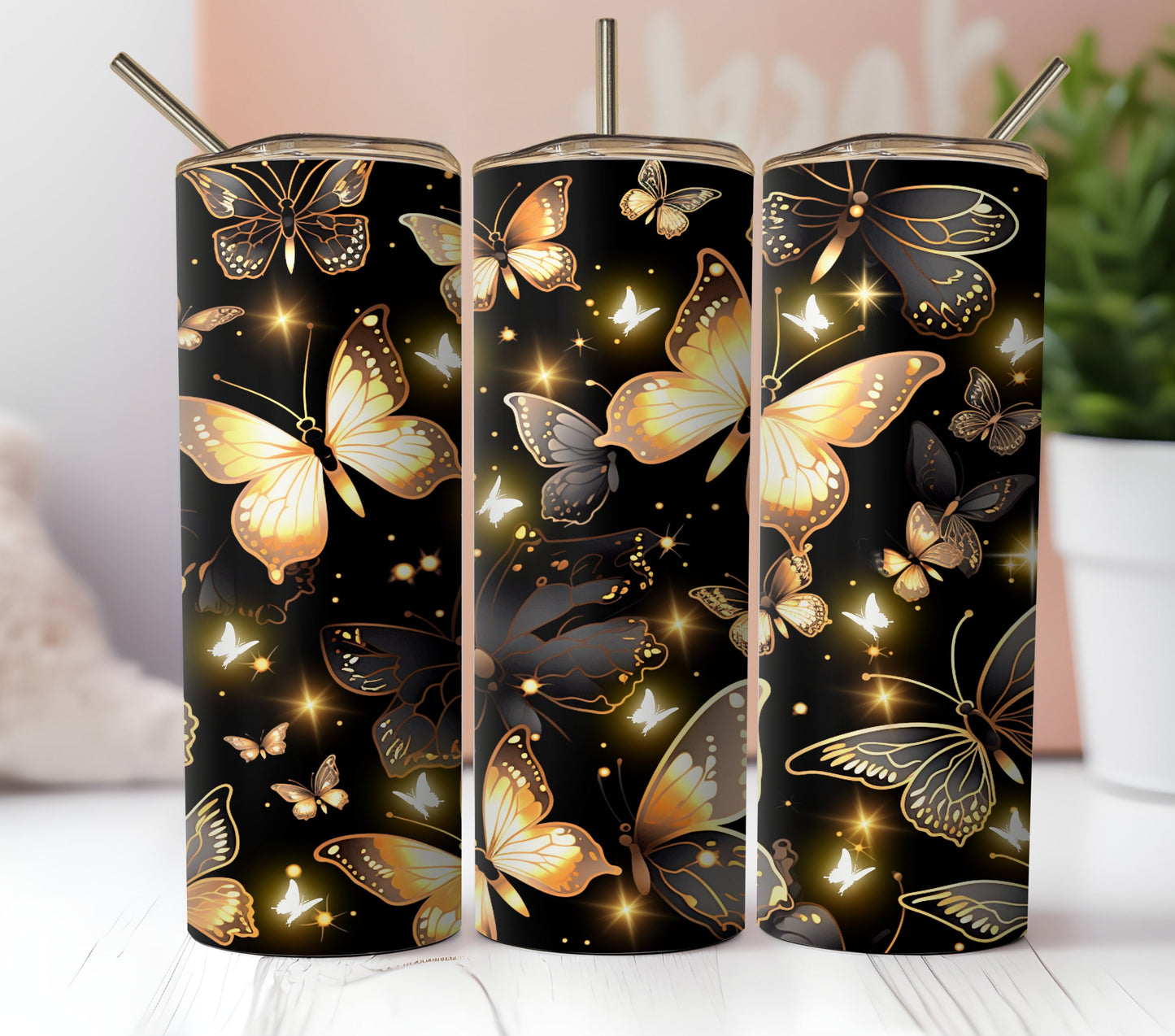 Illuminated Collage Of Butterflies And Stained Glass Dragonfly Images. 3 Seamless Sublimation Digital Download Files. Gold, Pink Purple.