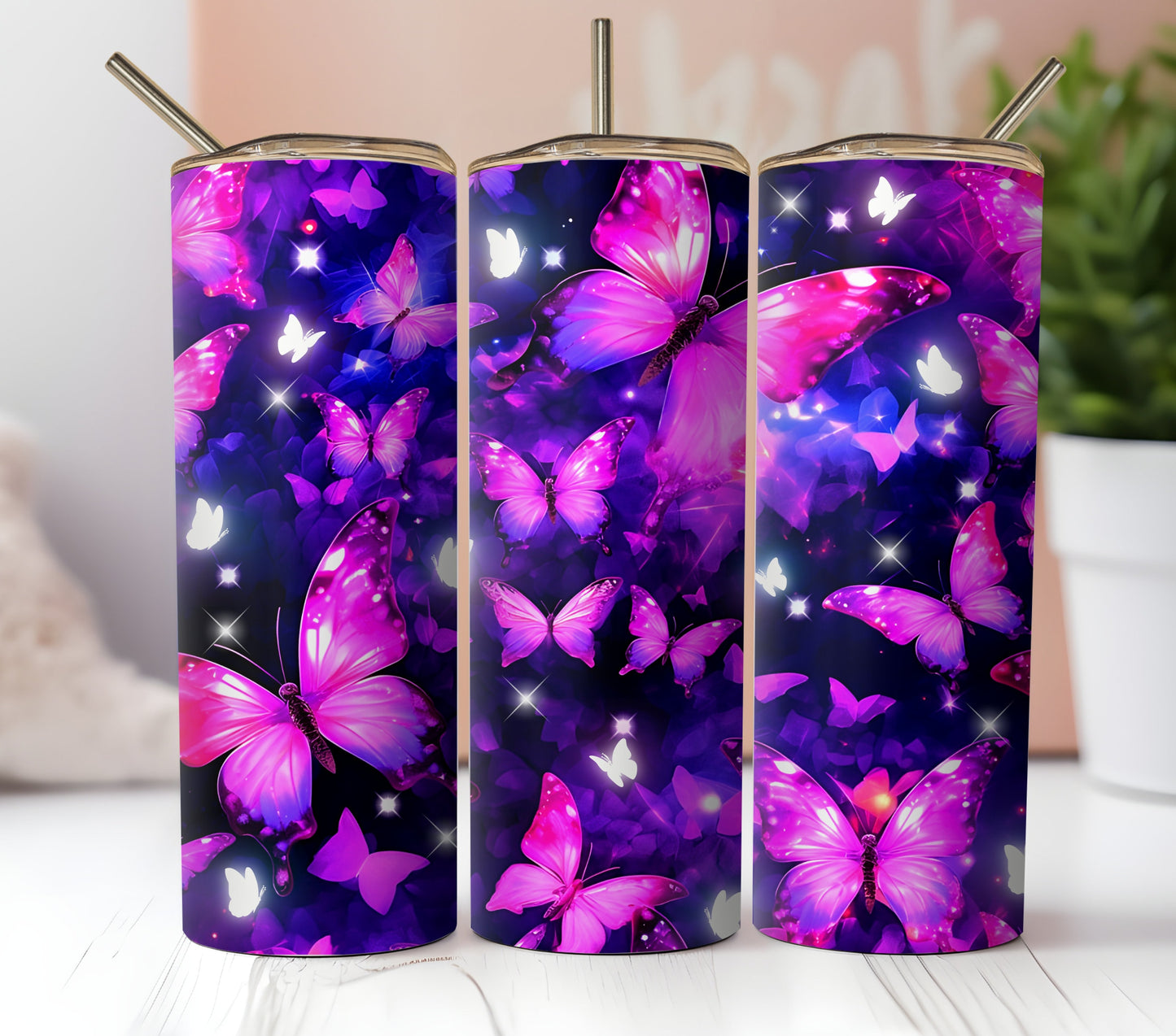 Illuminated Collage Of Butterflies And Stained Glass Dragonfly Images. 3 Seamless Sublimation Digital Download Files. Gold, Pink Purple.