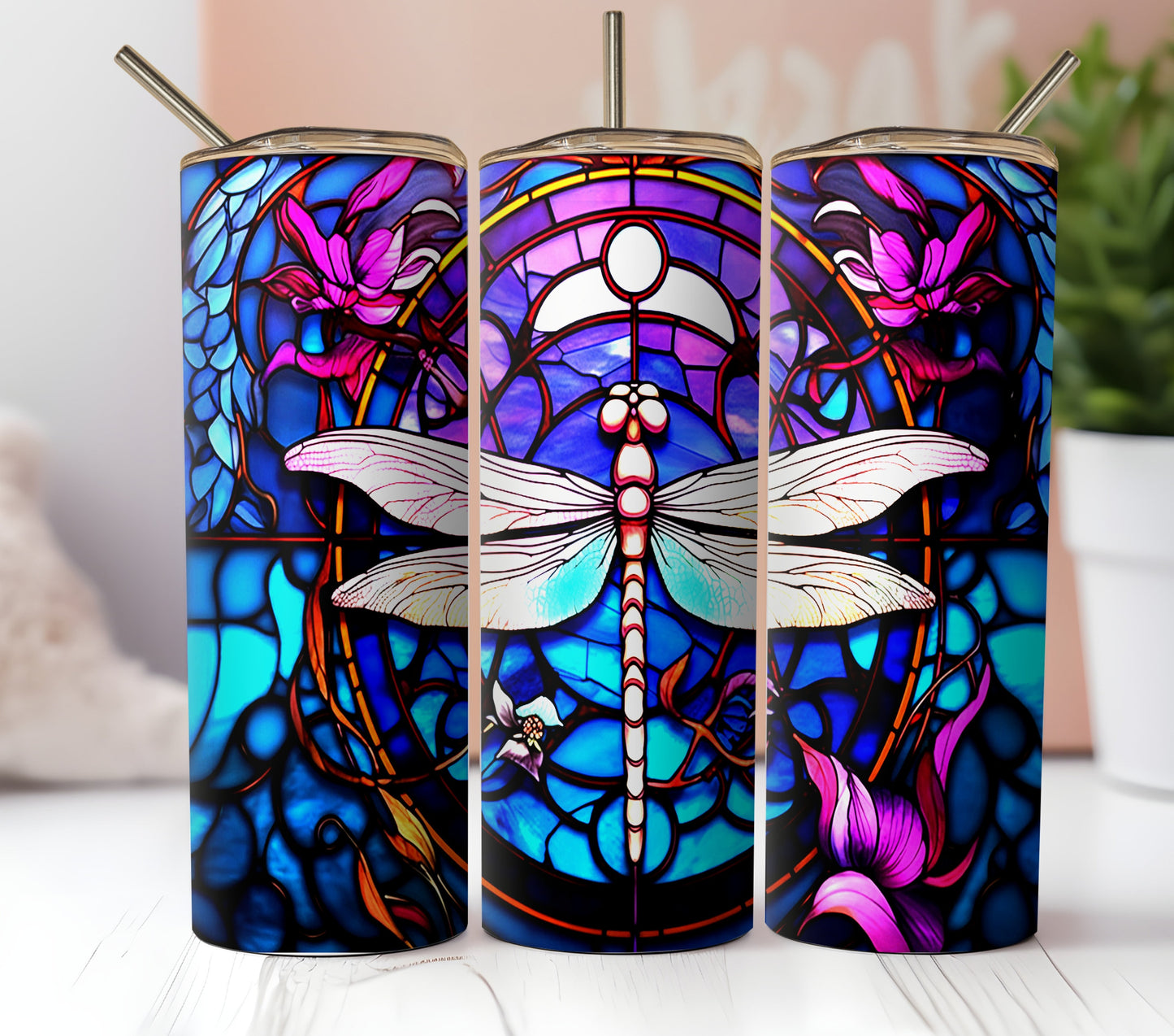 Illuminated Collage Of Butterflies And Stained Glass Dragonfly Images. 3 Seamless Sublimation Digital Download Files. Gold, Pink Purple.