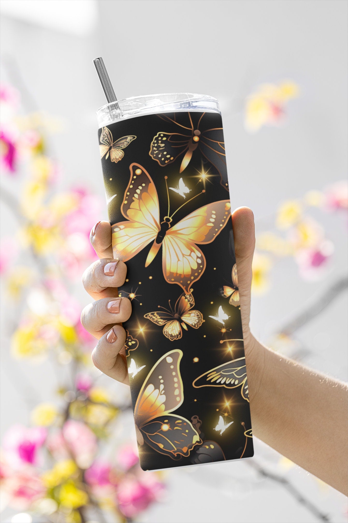 Illuminated Collage Of Butterflies And Stained Glass Dragonfly Images. 3 Seamless Sublimation Digital Download Files. Gold, Pink Purple.