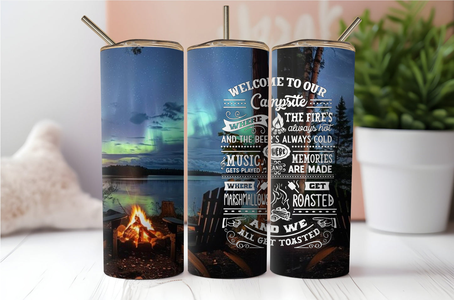 3 Campsite Rules Seamless Sublimation Tumbler Wraps. Northern Lights, Wood And Beer Designs With Quote. For Summer and Spring