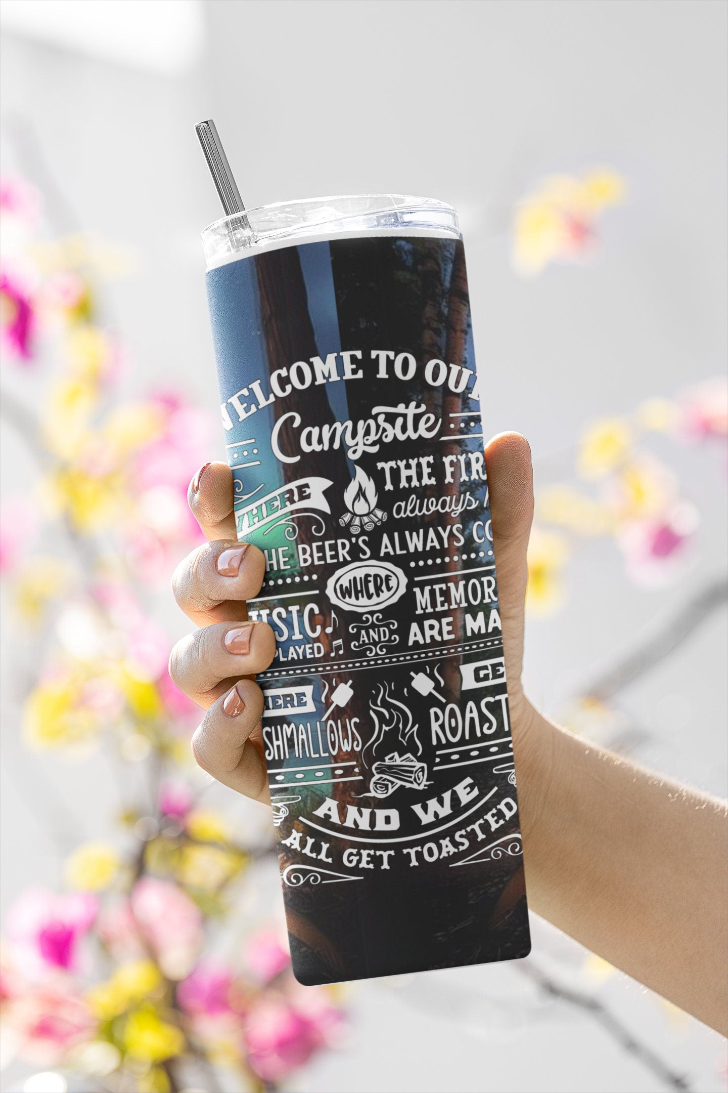 3 Campsite Rules Seamless Sublimation Tumbler Wraps. Northern Lights, Wood And Beer Designs With Quote. For Summer and Spring