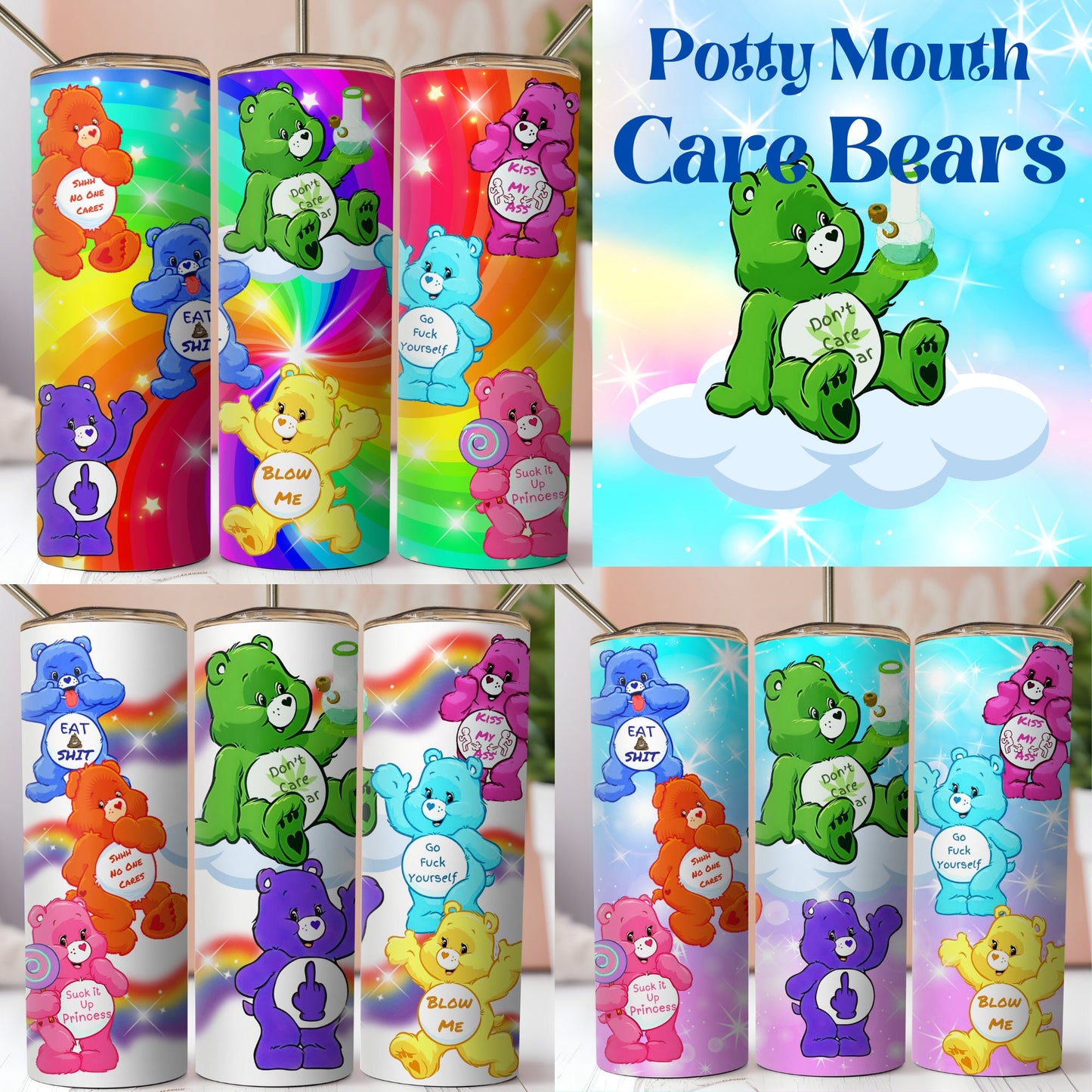 Adult Swear Bears Sublimation Tumbler Wrap. Funny Sarcastic Humorous Cartoon Bears Swearing On Clouds and Rainbows. 3 Instant Downloads