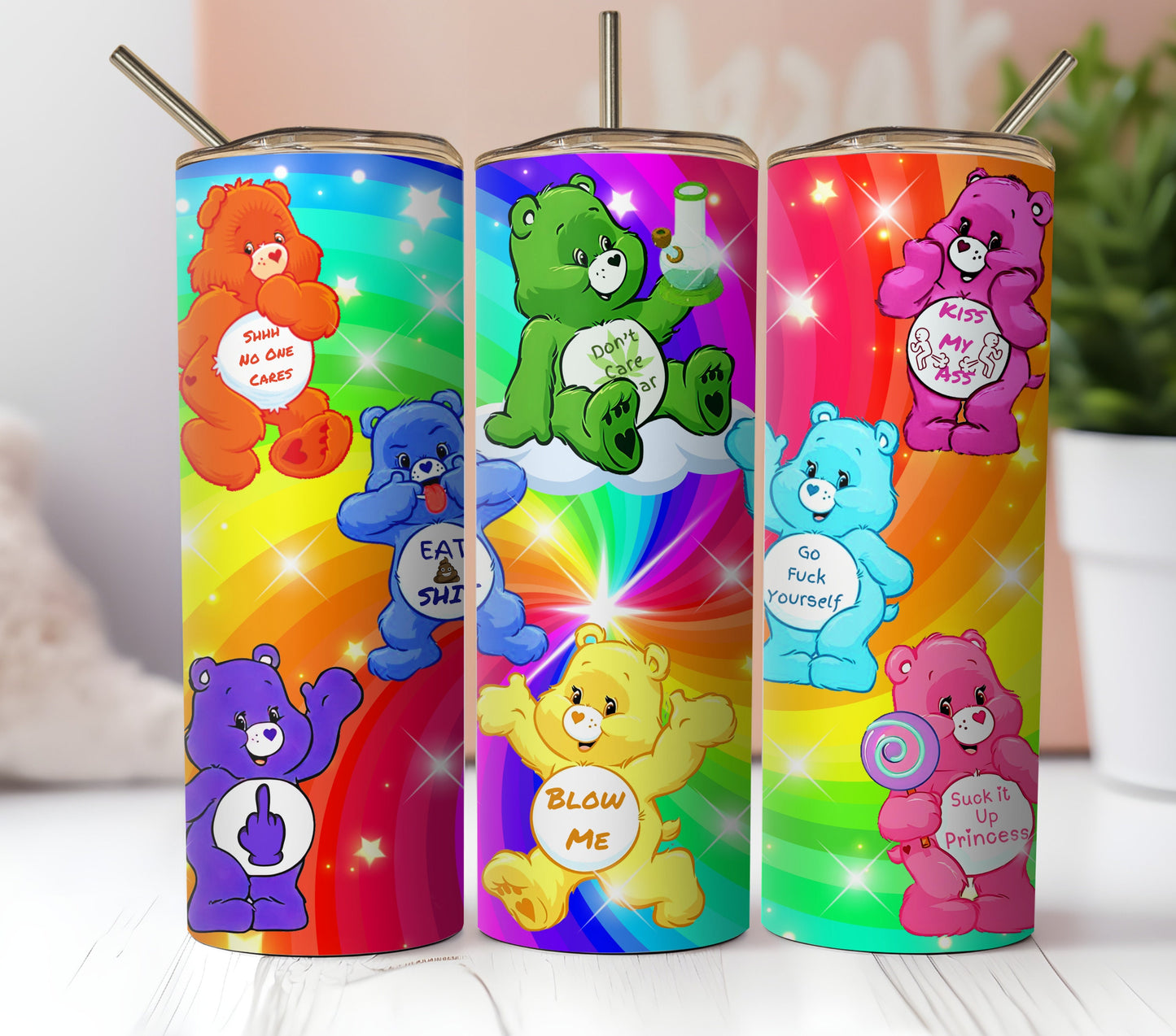 Adult Swear Bears Sublimation Tumbler Wrap. Funny Sarcastic Humorous Cartoon Bears Swearing On Clouds and Rainbows. 3 Instant Downloads