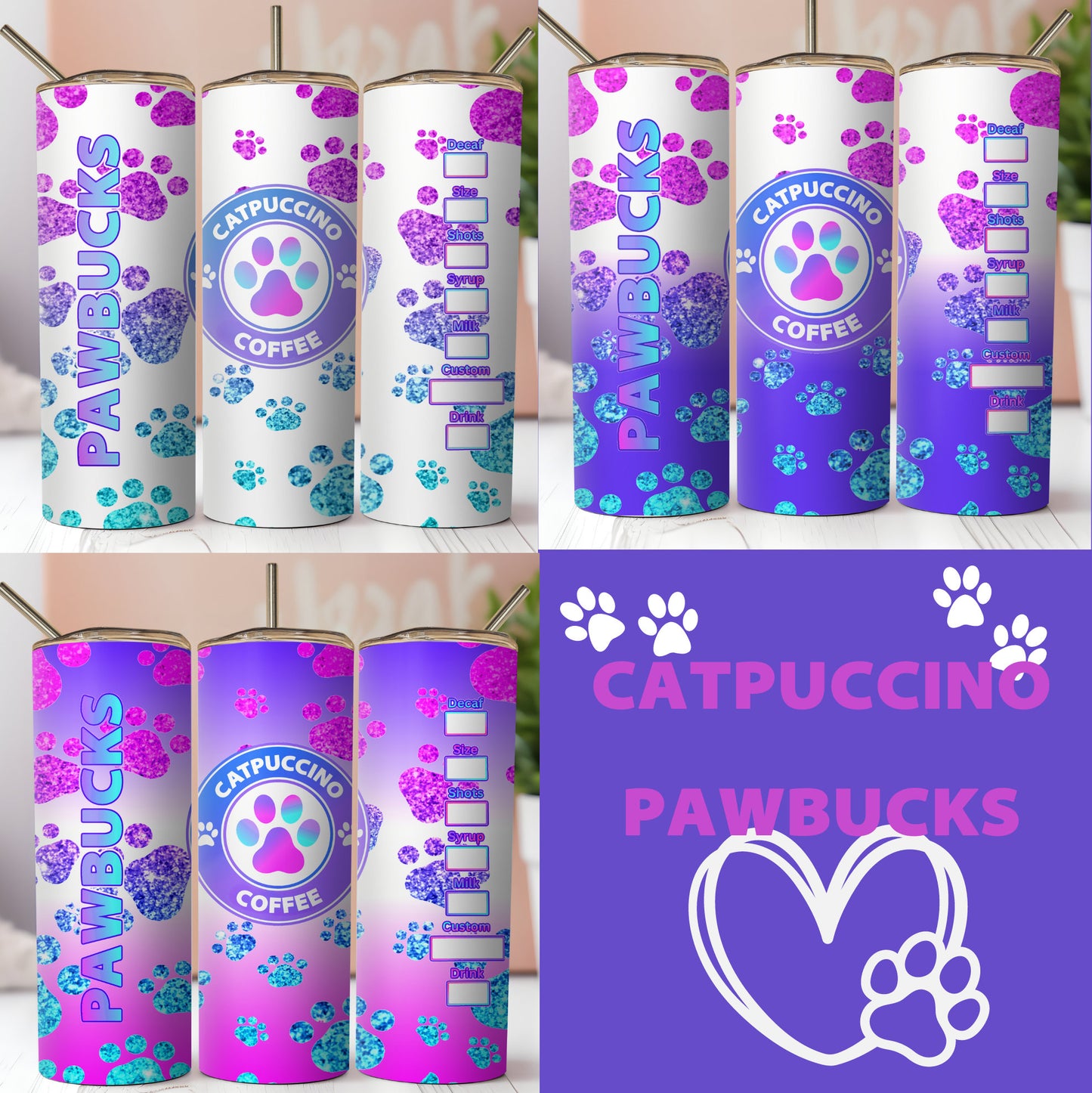 6 Animal Star Buck Sublimation Tumbler Wraps.Pawbucks Catpuccino and Pawpuccino. For Cat And Dog Lovers.Collage Glitter Paws,Gradient Pastel