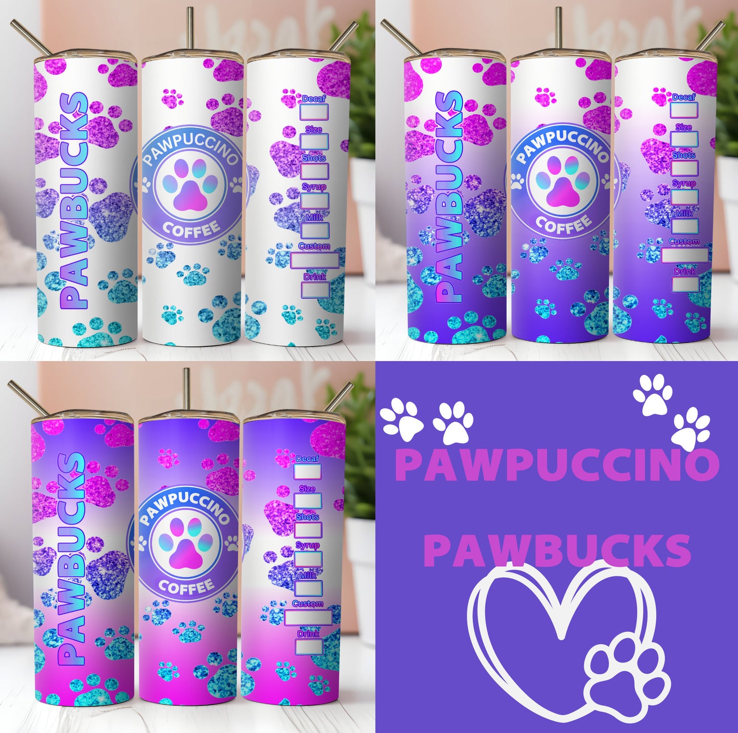 6 Animal Star Buck Sublimation Tumbler Wraps.Pawbucks Catpuccino and Pawpuccino. For Cat And Dog Lovers.Collage Glitter Paws,Gradient Pastel