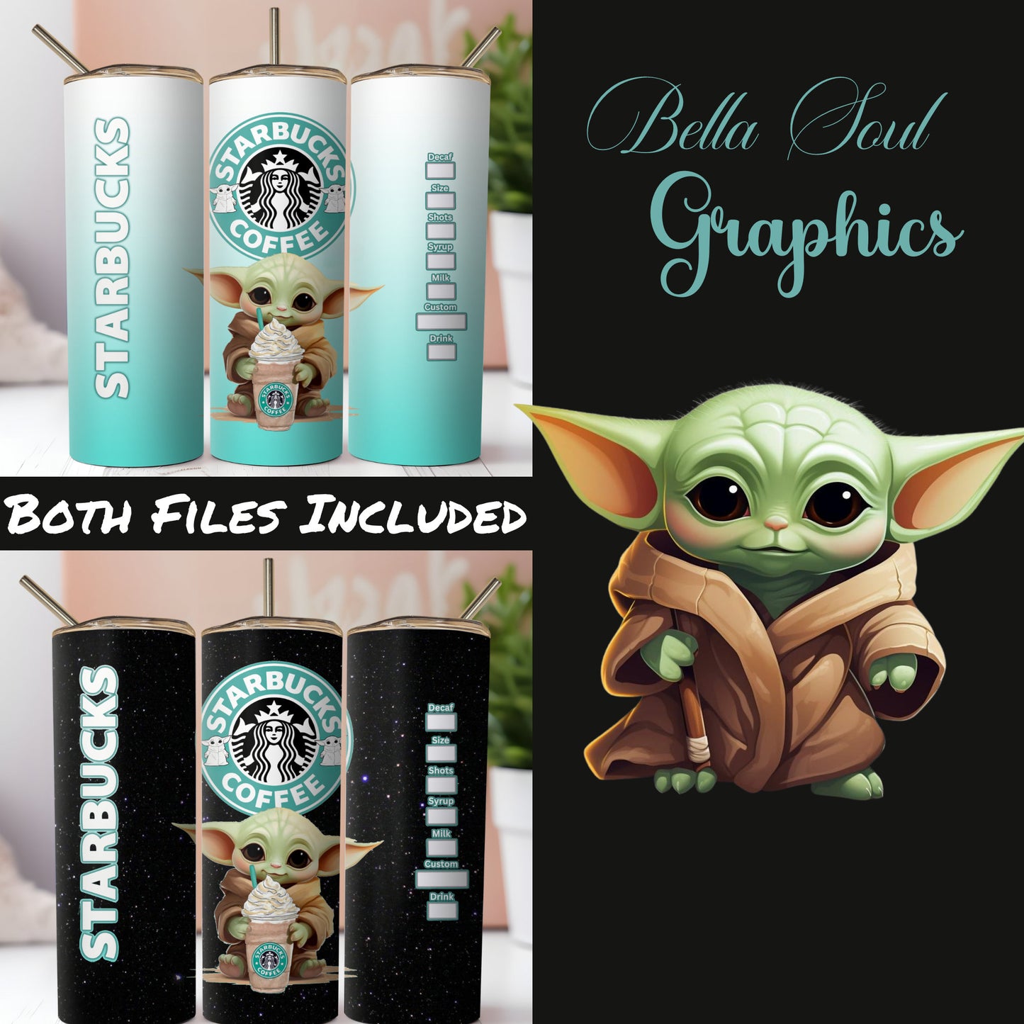 2 Cute Iconic Coffee Inspired Seamless Sublimation Digital Design Wrap. Black and Gradient Green