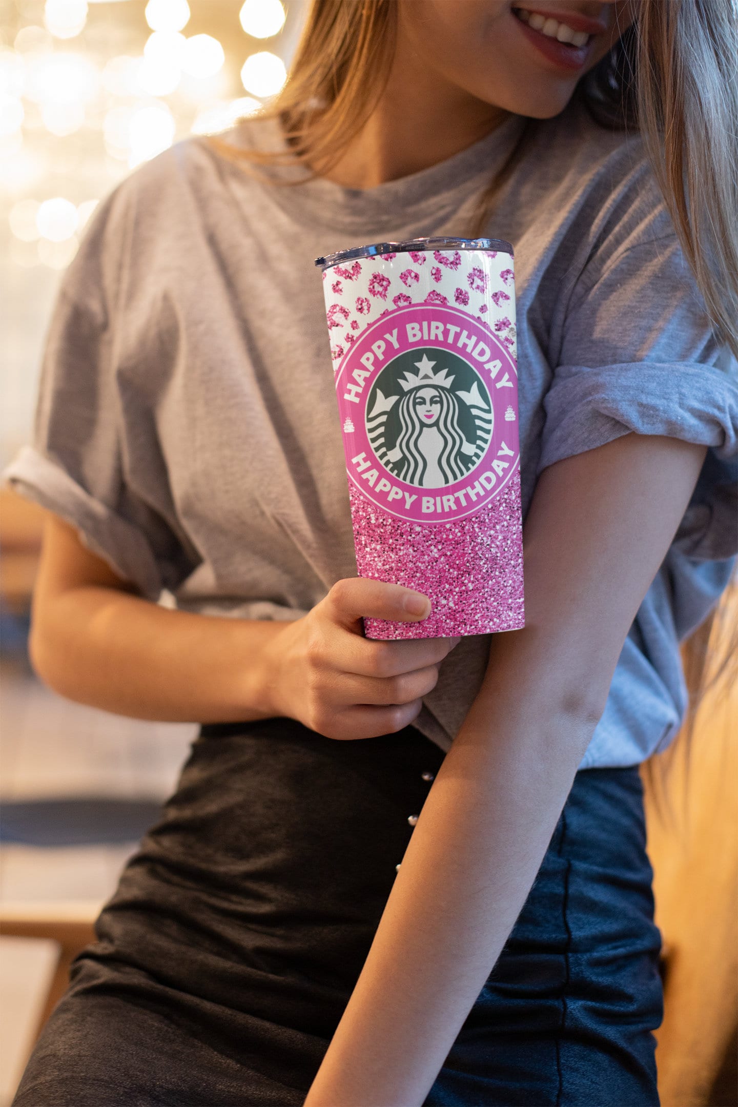 Happy Birthday Tumbler. Iconic Coffee Cup Inspired Sublimation Digital Design Wrap. Pink Cheetah Design With Glitter