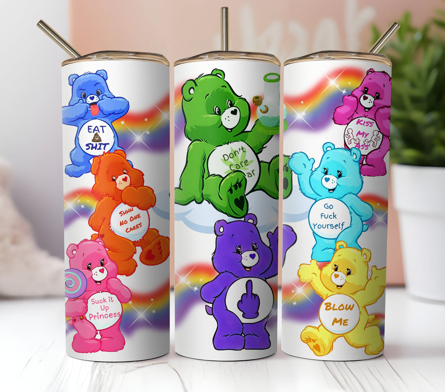 Adult Swear Bears Sublimation Tumbler Wrap. Funny Sarcastic Humorous Cartoon Bears Swearing On Clouds and Rainbows. 3 Instant Downloads