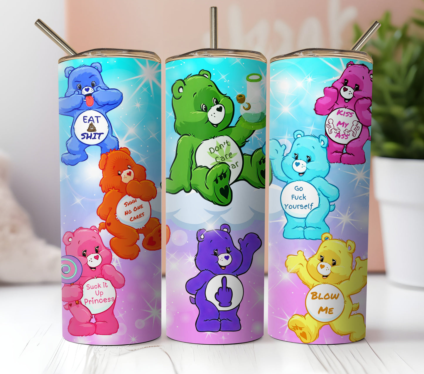 Adult Swear Bears Sublimation Tumbler Wrap. Funny Sarcastic Humorous Cartoon Bears Swearing On Clouds and Rainbows. 3 Instant Downloads