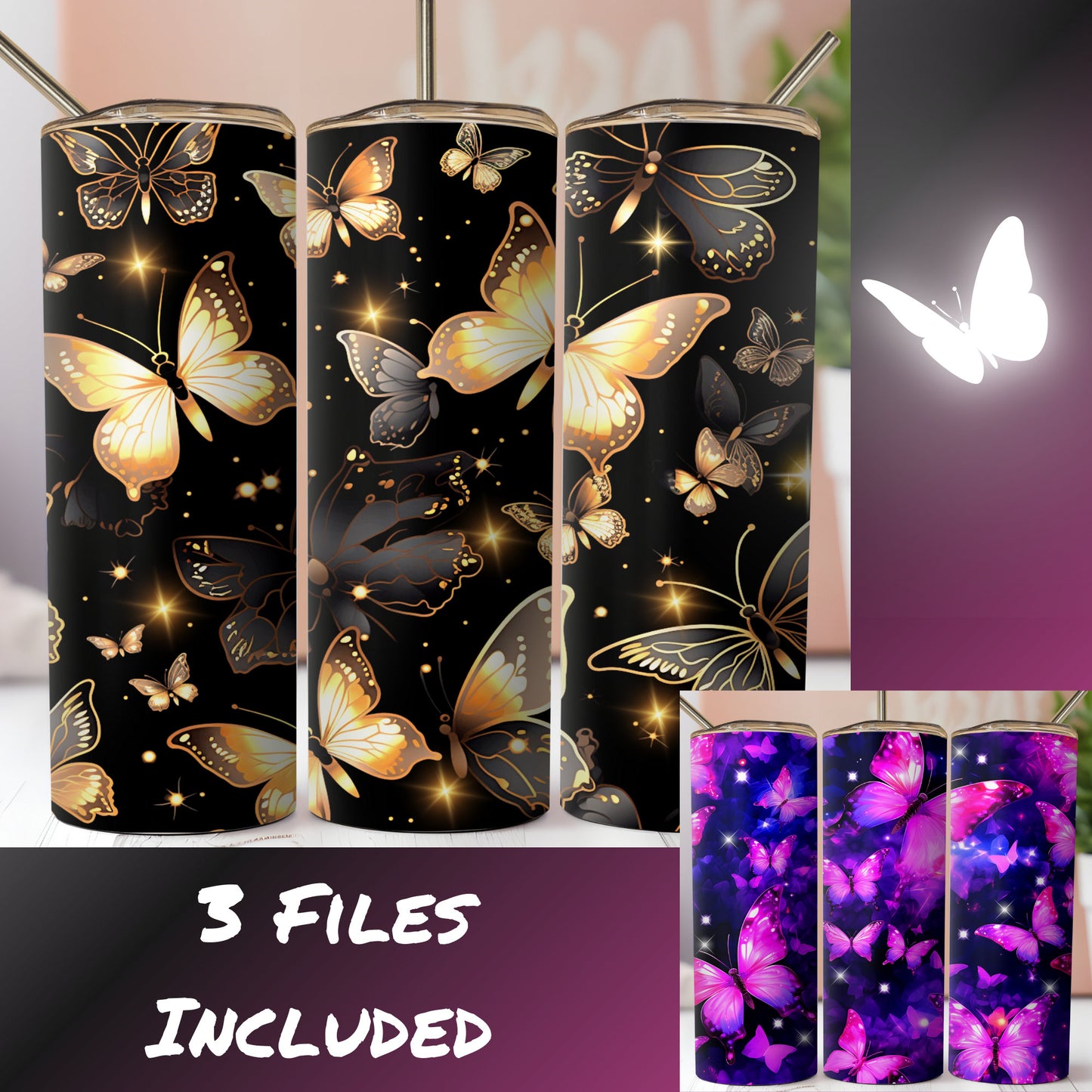 Illuminated Collage Of Butterflies And Stained Glass Dragonfly Images. 3 Seamless Sublimation Digital Download Files. Gold, Pink Purple.
