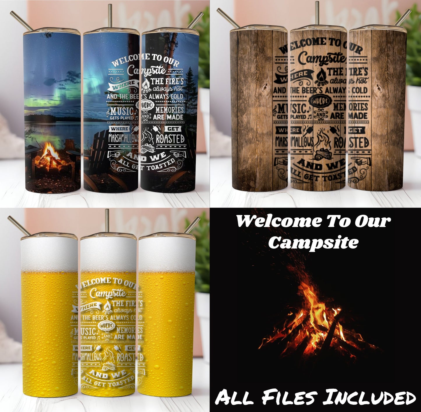 3 Campsite Rules Seamless Sublimation Tumbler Wraps. Northern Lights, Wood And Beer Designs With Quote. For Summer and Spring