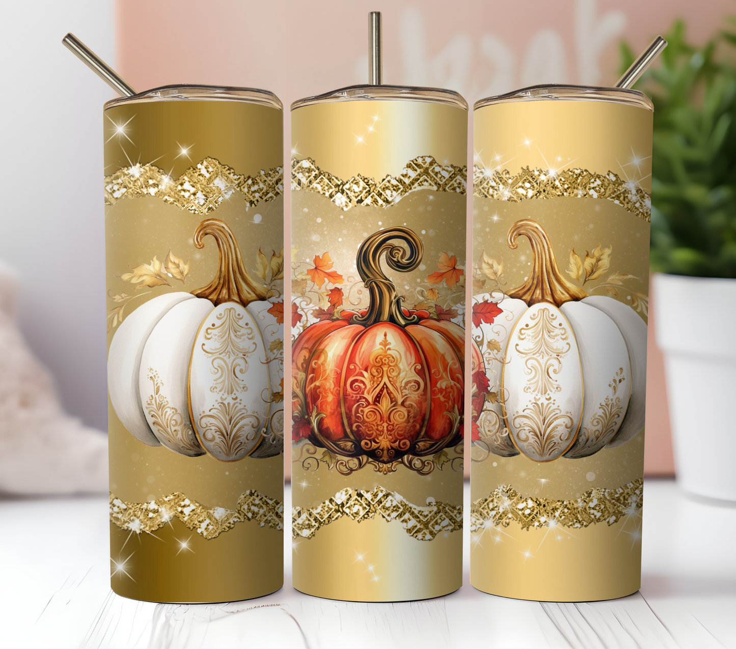 3 Majical Glitter Pumpkins. Fall, Autumn Sublimation Tumbler Wraps. Seamless Instant Downlaods