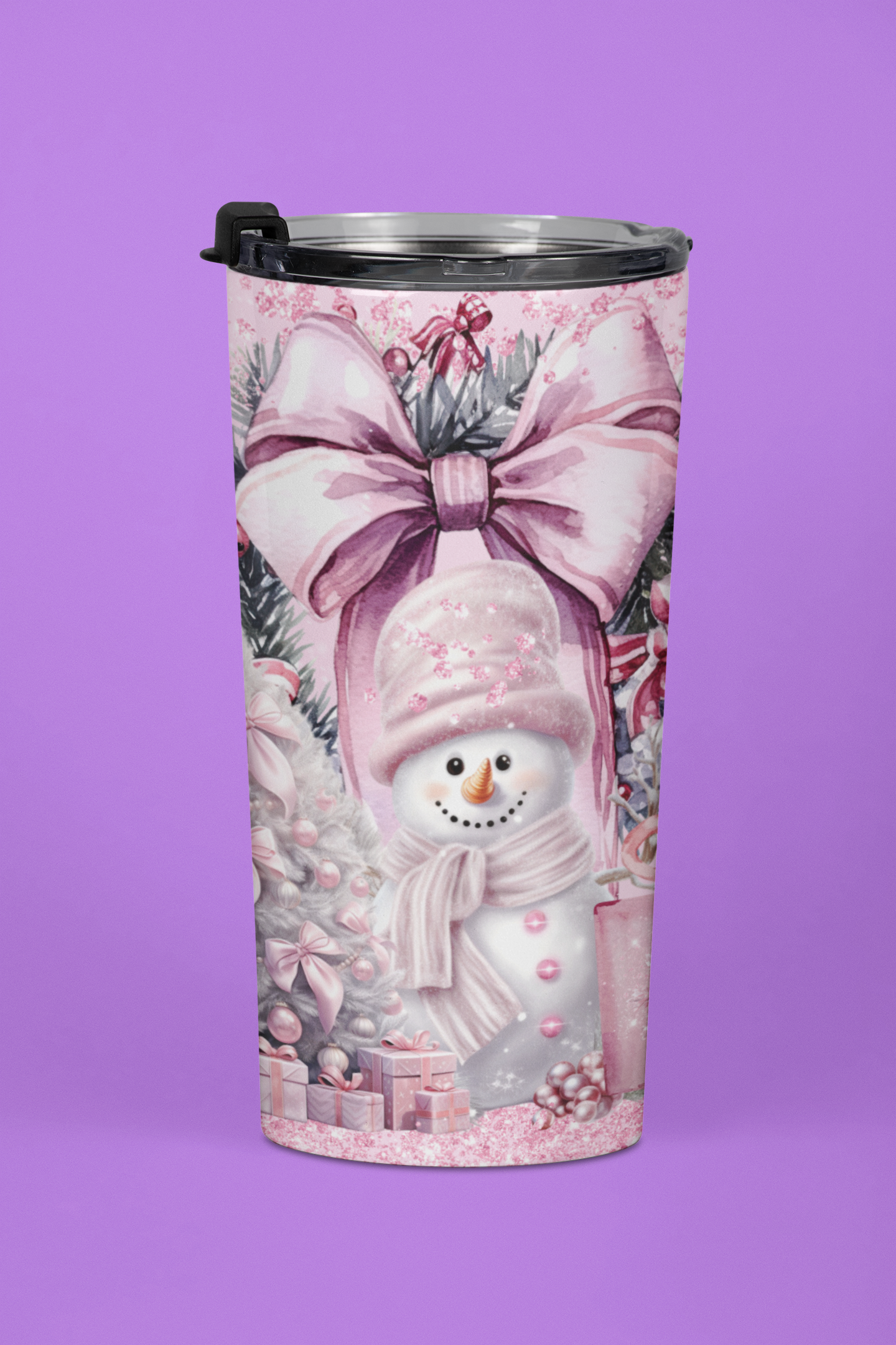 Pink Christmas Sublimaion Tumbler Wrap. Snowman and Christmas Tree Holiday Instant Download