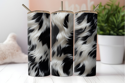 3D Cow Fur, Hide Print Sublimation Tumbler Wrap. Straight and Tapered Black and White Life Likel Looking Print