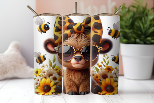 Baby Highland Cow Cartoon With Sunflowers and Bees Sublimation Tumbler Wrap. High Quality Instant Digital Download