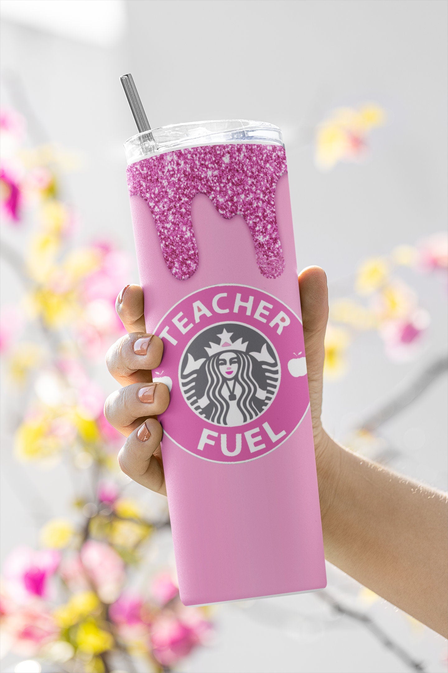 Teacher Star Tumbler. Iconic Coffee Inspired Sublimation Digital Design Wrap. Teacher Fuel.  Pink With Glitter Drip