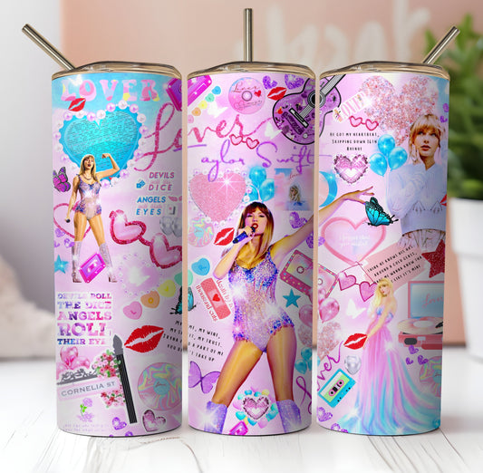 Popular Singer Collage Sublimation Tumbler Wrap.  Love. Pink With Glitter.