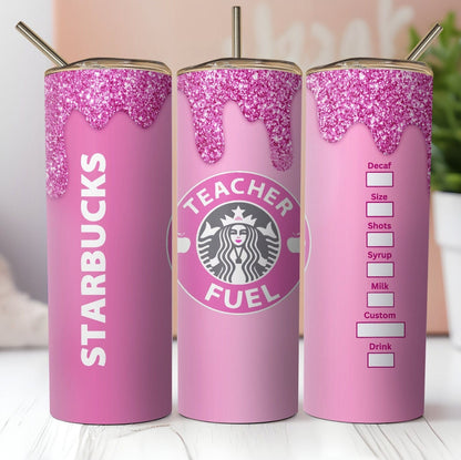 Teacher Star Tumbler. Iconic Coffee Inspired Sublimation Digital Design Wrap. Teacher Fuel.  Pink With Glitter Drip