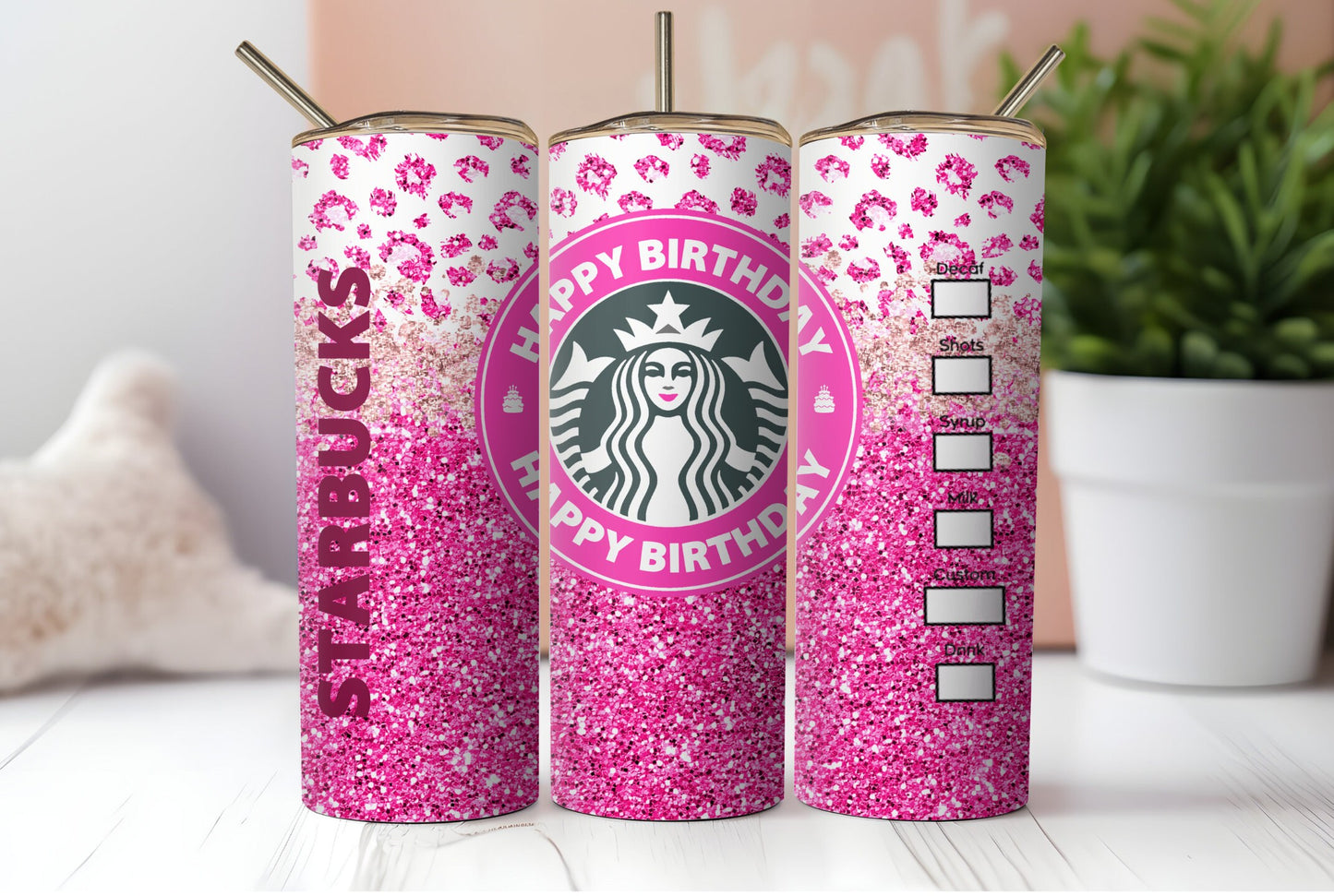 Happy Birthday Tumbler. Iconic Coffee Cup Inspired Sublimation Digital Design Wrap.   Pink Cheetah Design With Glitter