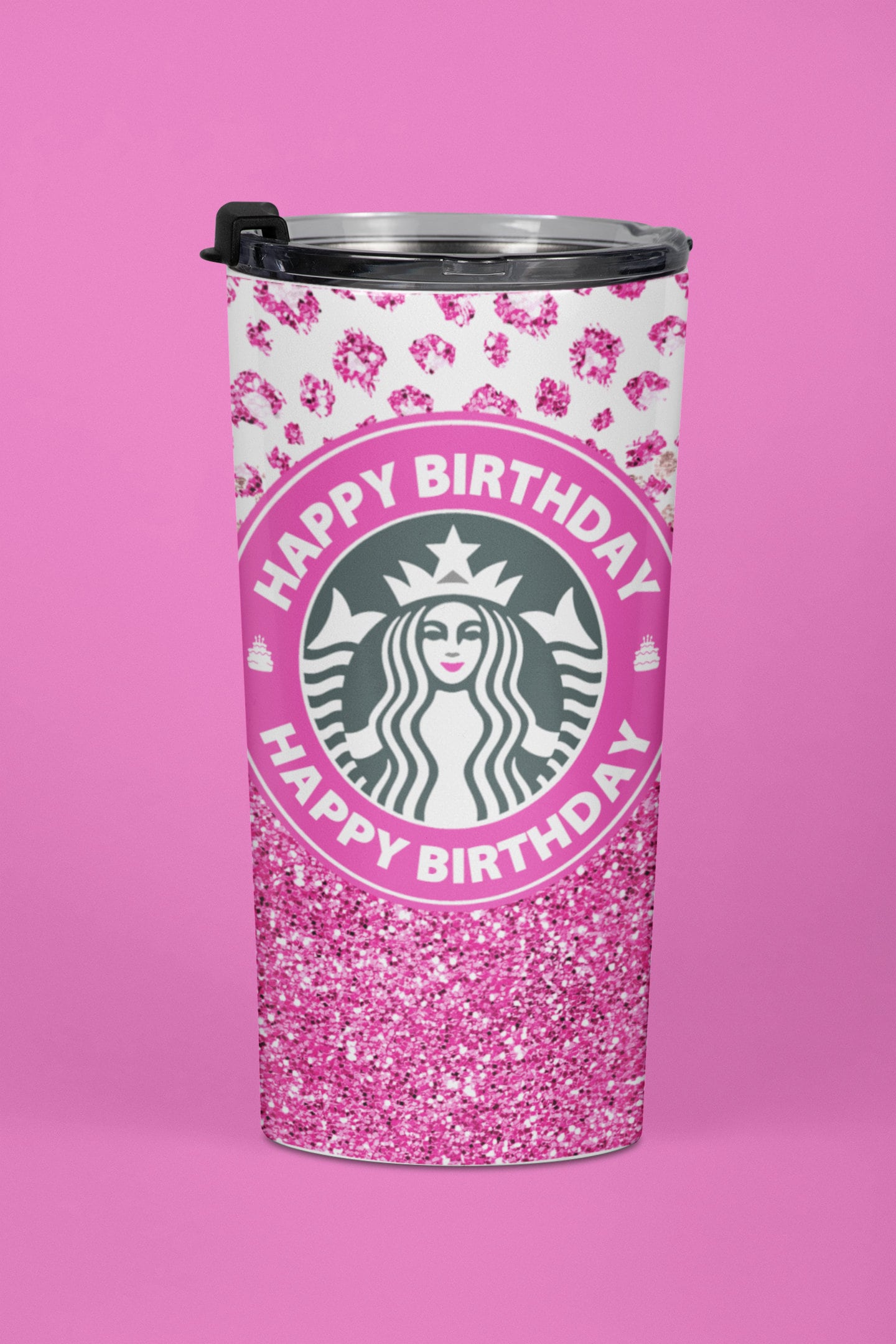 Happy Birthday Tumbler. Iconic Coffee Cup Inspired Sublimation Digital Design Wrap.   Pink Cheetah Design With Glitter