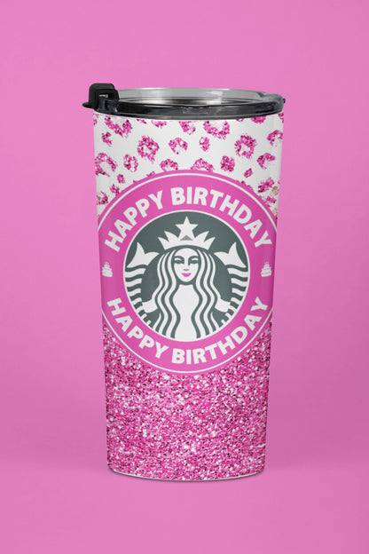 Happy Birthday Tumbler. Iconic Coffee Cup Inspired Sublimation Digital Design Wrap.   Pink Cheetah Design With Glitter