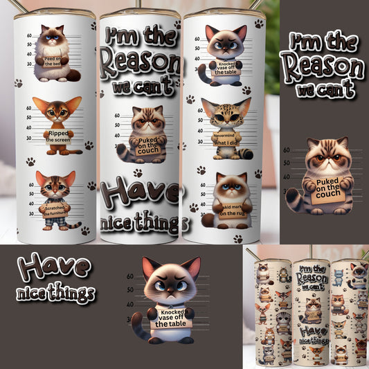 Collage of Different Cartoon Cat Mug Shots 2 PNG Tumbler Wraps With Quote, I'm The Reason Why We Can't Have... Sublimation Digital Design.