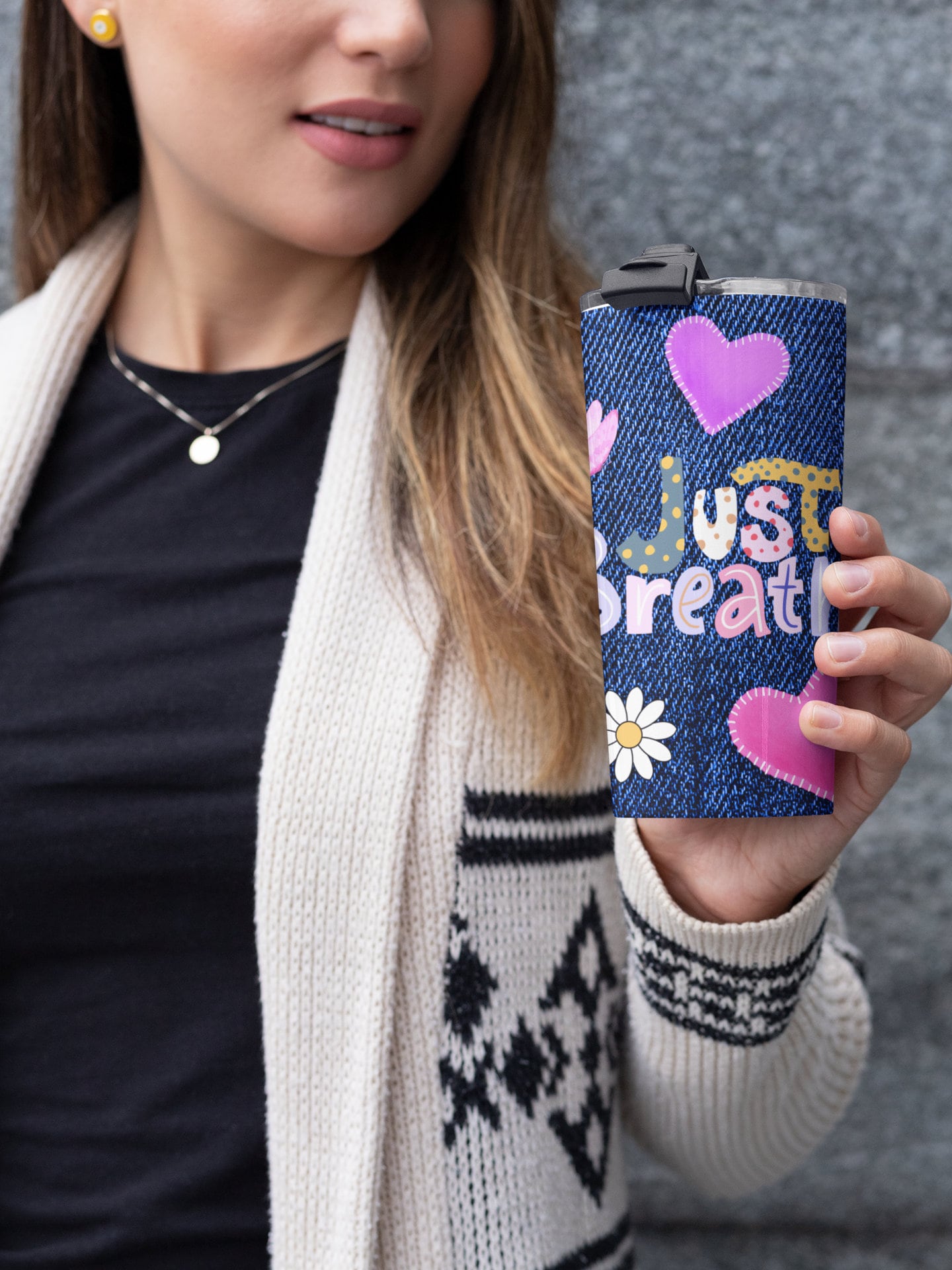 Boho Inspirational Feel Good Sublimation Tumbler Wrap.Jean With Quotes Just Breathe And Be Your Own... Beautiful.Hearts, Flowers Butterflies