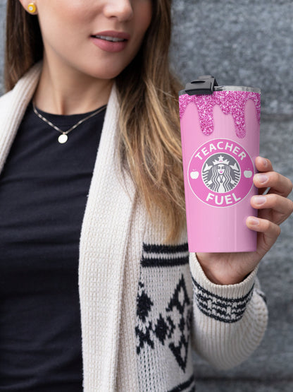 Teacher Star Tumbler. Iconic Coffee Inspired Sublimation Digital Design Wrap. Teacher Fuel.  Pink With Glitter Drip