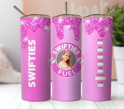 Popular Singer and Iconic Coffee Shop Seamless Sublimation Tumbler Wrap.Iconic Coffee Cup With Glitter. Pop Country Singer.2 Pink Files, One With Less Glitter