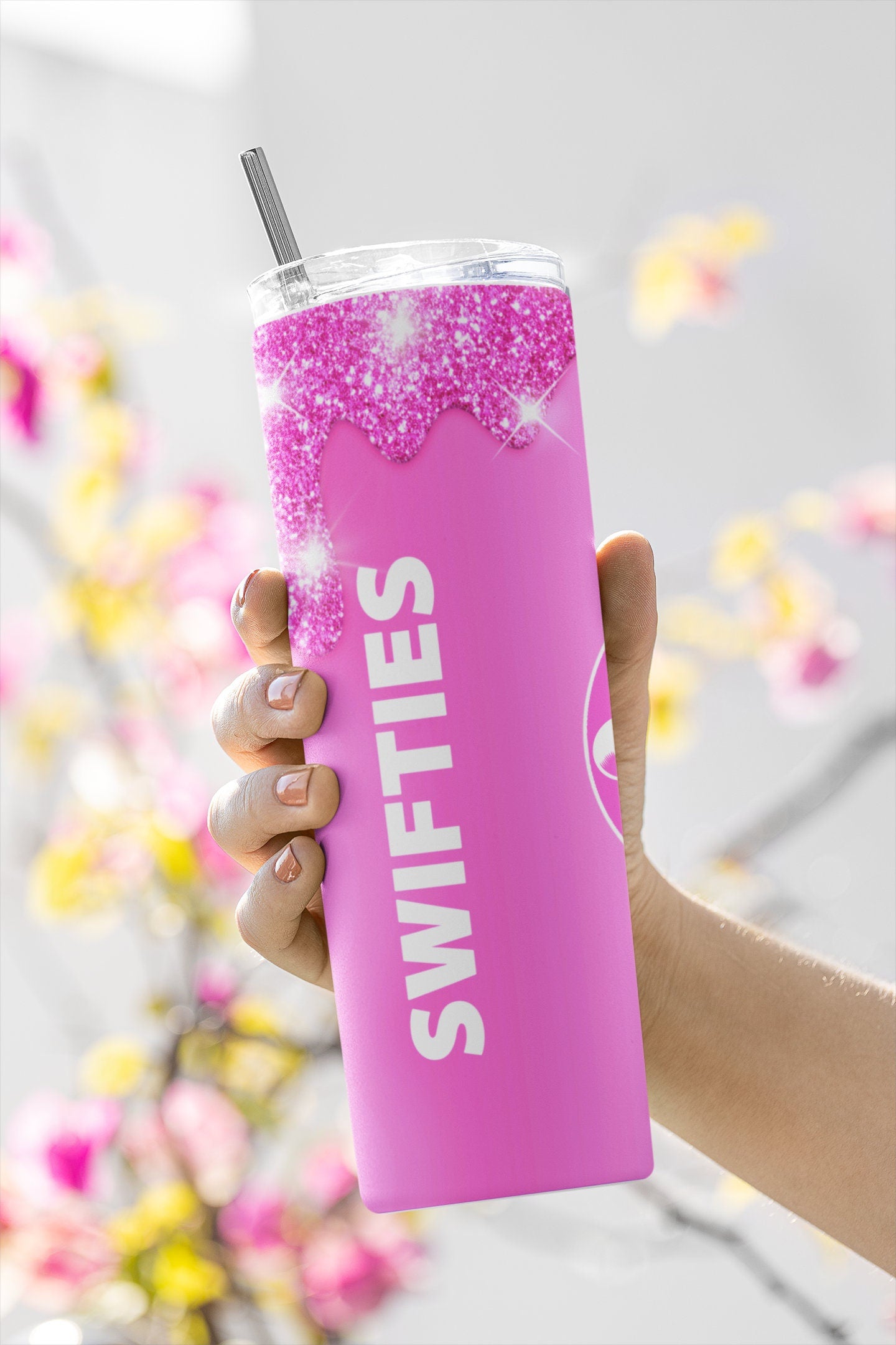 Popular Singer and Iconic Coffee Shop Seamless Sublimation Tumbler Wrap.Iconic Coffee Cup With Glitter. Pop Country Singer.2 Pink Files, One With Less Glitter