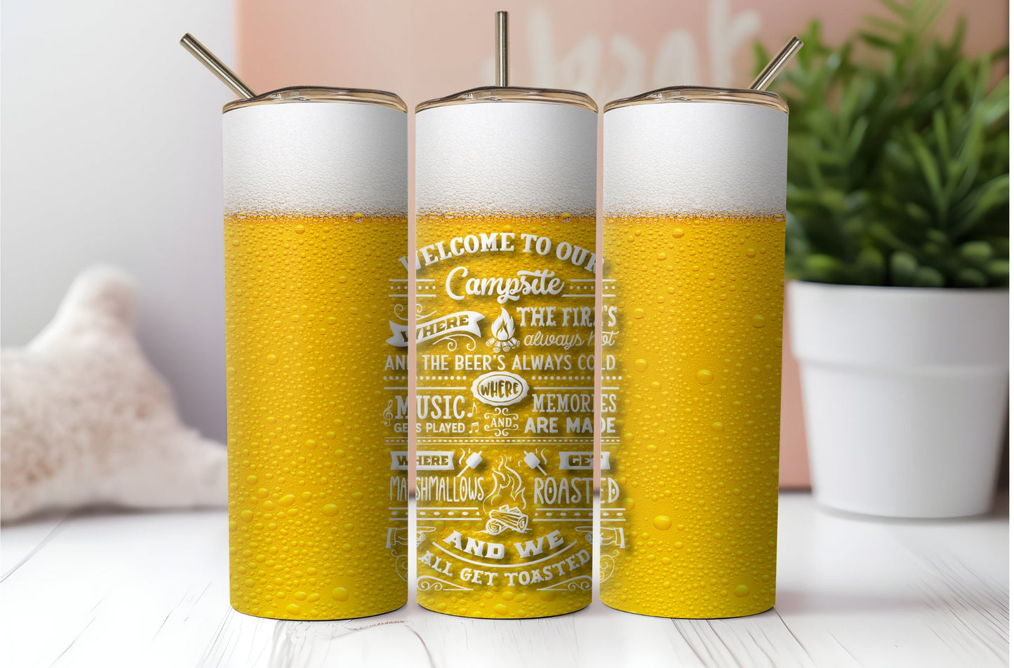 3 Campsite Rules Seamless Sublimation Tumbler Wraps.  Northern Lights, Wood And Beer Designs With Quote. For Summer and Spring