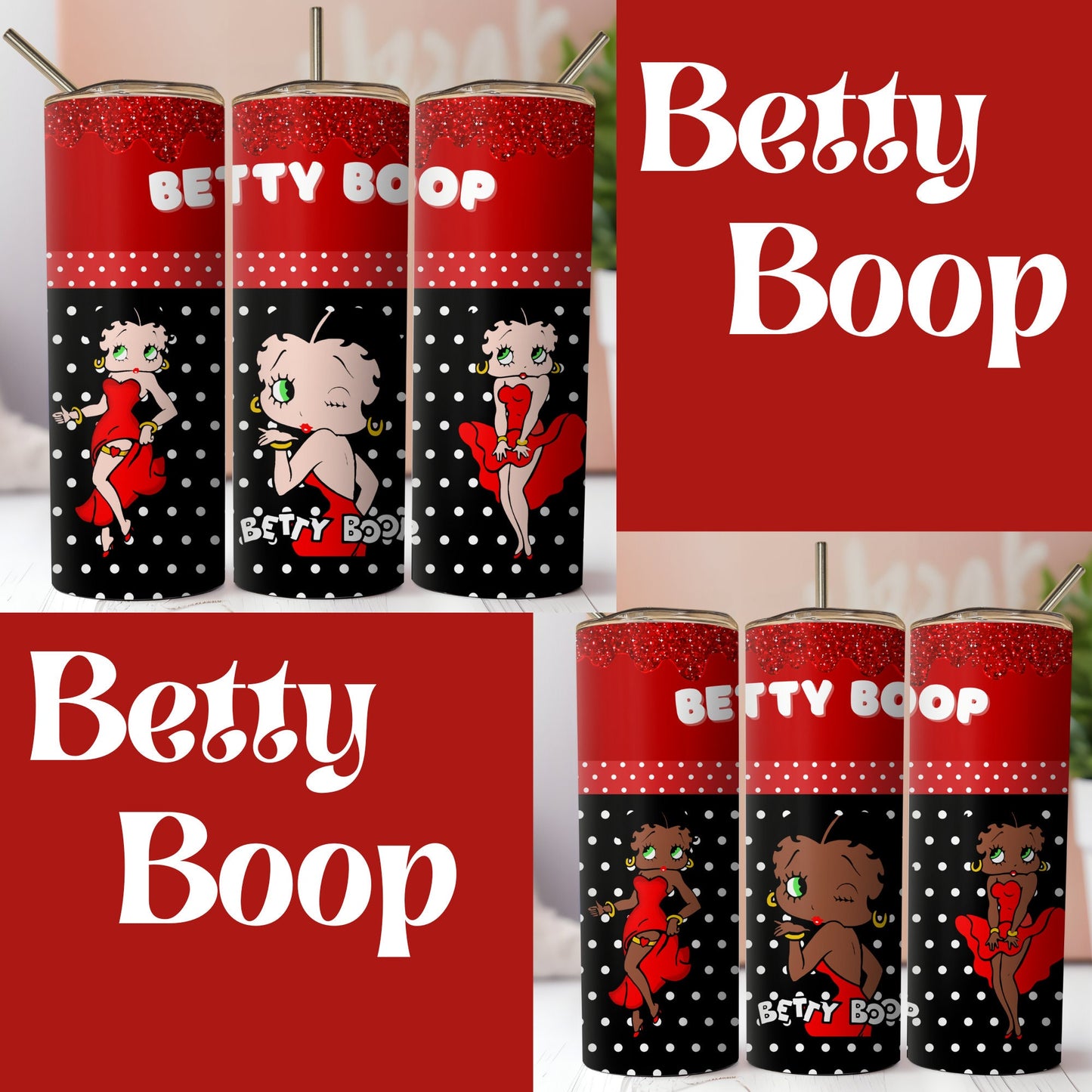 Black and White Betty Boop SublimationTumbler Wrap.Like Marily Monroe In Red Dress.Red Glitter Drip. Red And Black Polka Dots.Seamless