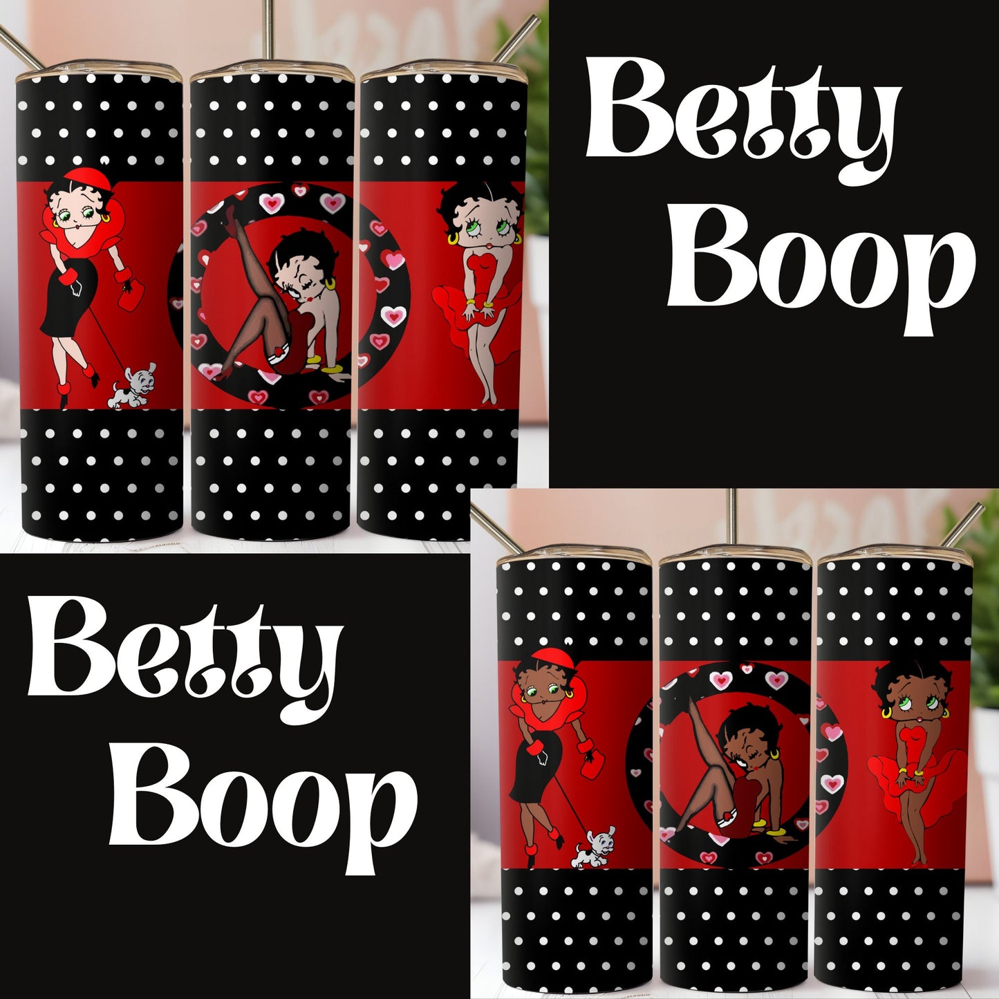 Black And White Betty Boop SublimationTumbler Wrap. Posing Like Marilyn In Red Dress With Dog. White And Black Polka Dots. Seamless Design