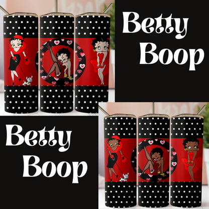 Black And White Betty Boop SublimationTumbler Wrap. Posing Like Marilyn In Red Dress With Dog. White And Black Polka Dots. Seamless Design