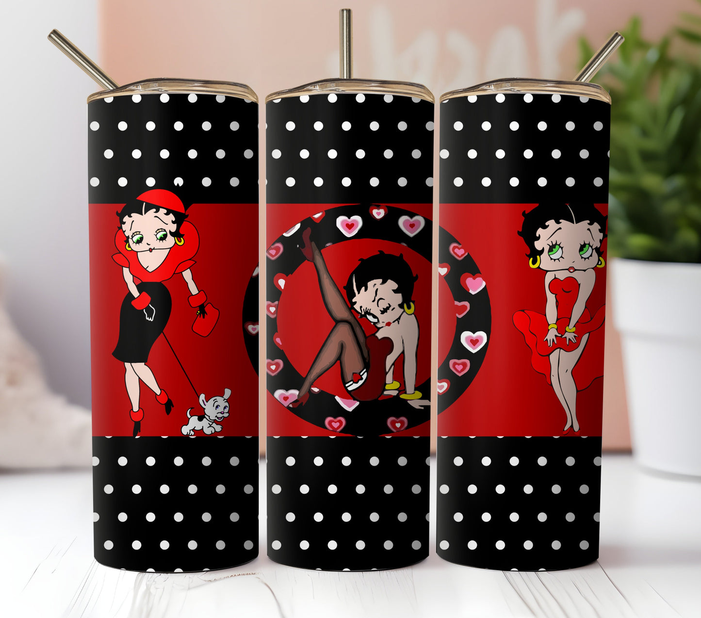 Black And White Betty Boop SublimationTumbler Wrap. Posing Like Marilyn In Red Dress With Dog. White And Black Polka Dots. Seamless Design