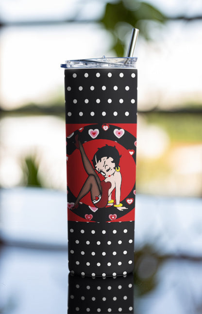 Black And White Betty Boop SublimationTumbler Wrap. Posing Like Marilyn In Red Dress With Dog. White And Black Polka Dots. Seamless Design